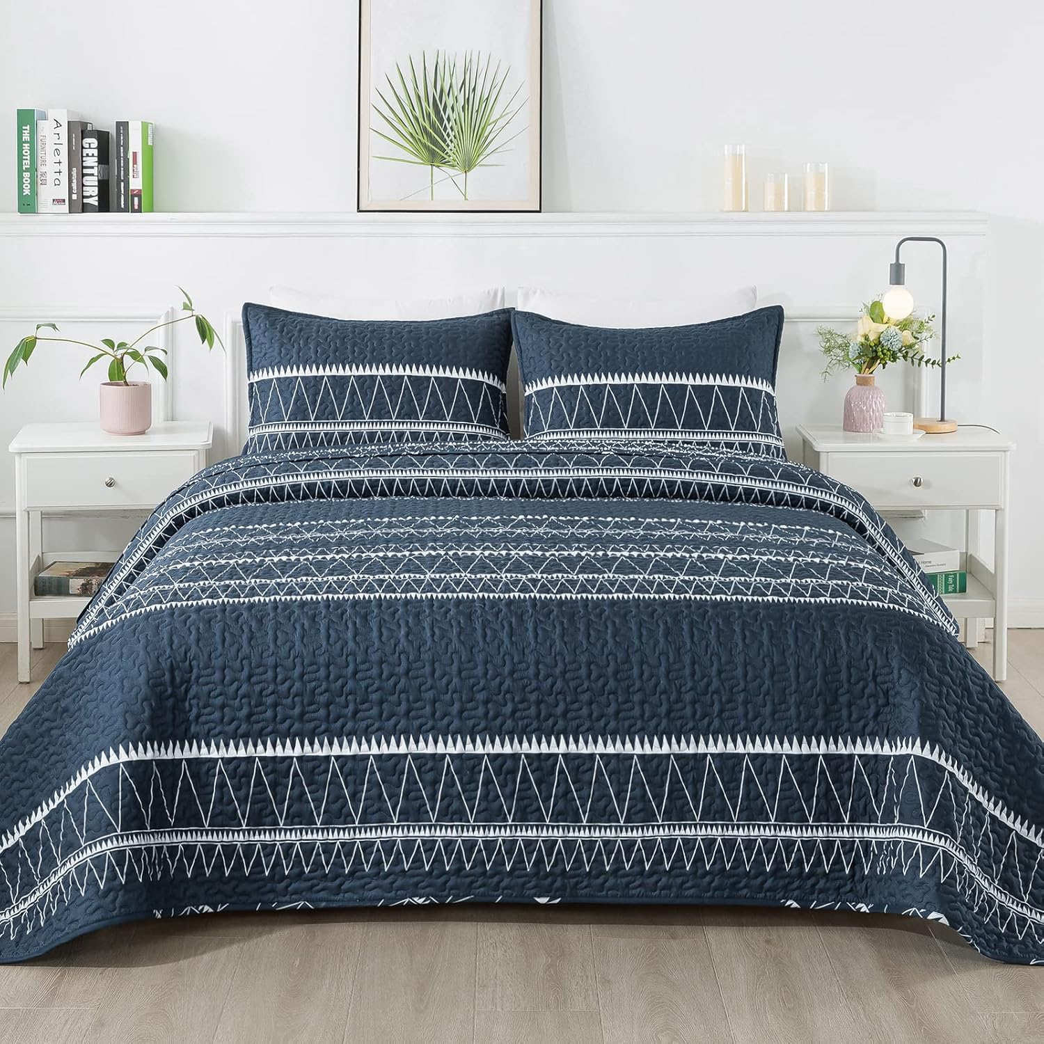 Andency Navy Blue Quilt Set for California King - 3 Piece Set