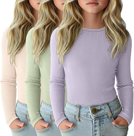 3 Pack Girls Long Sleeve Shirts for Casual Layering Tops
