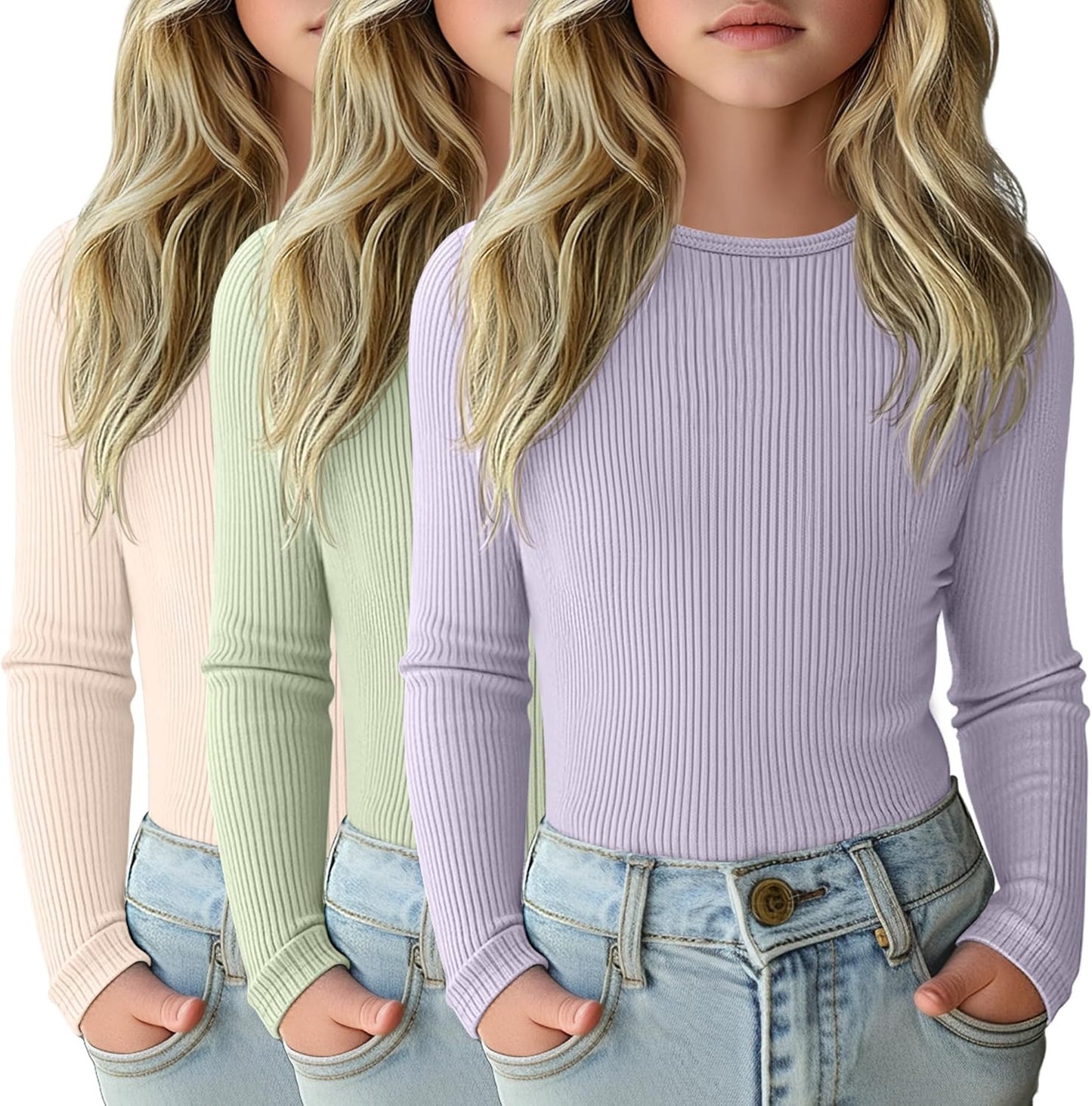 3 Pack Girls Long Sleeve Shirts for Casual Layering and Comfort