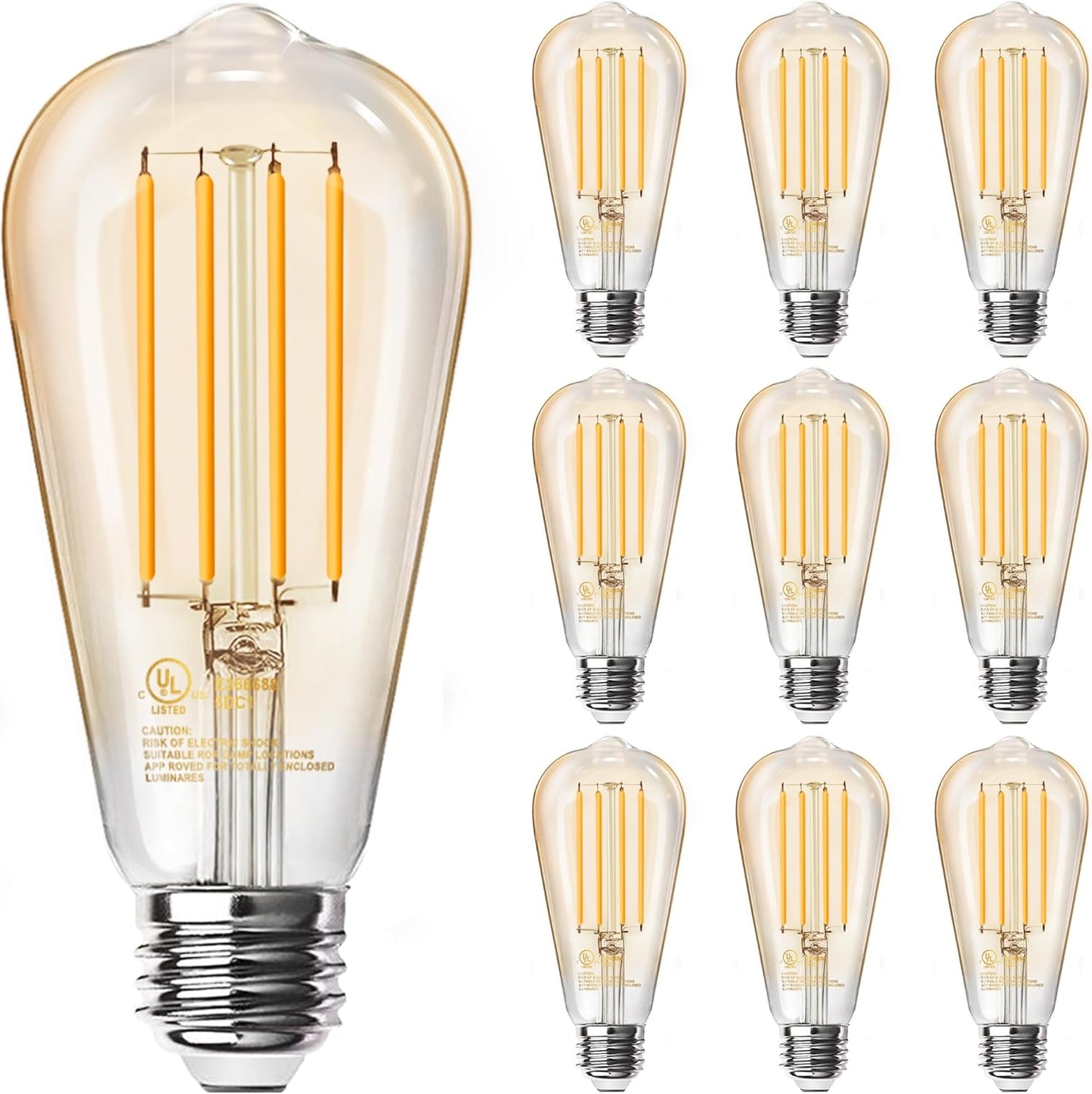 Vintage LED Edison Amber Light Bulbs - 10 Pack, Dimmable 60W
