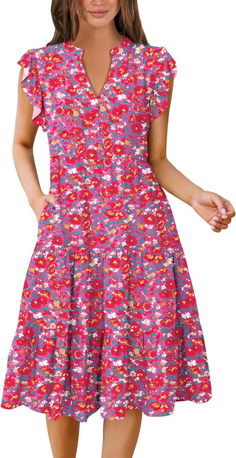 Womens Summer Dress Ruffle Sleeve V Neck Midi Casual Sundress