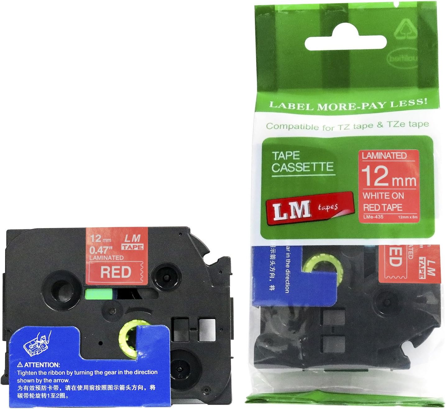 6/Pack LM Tapes Compatible TZe-435 White on Red Label Tape