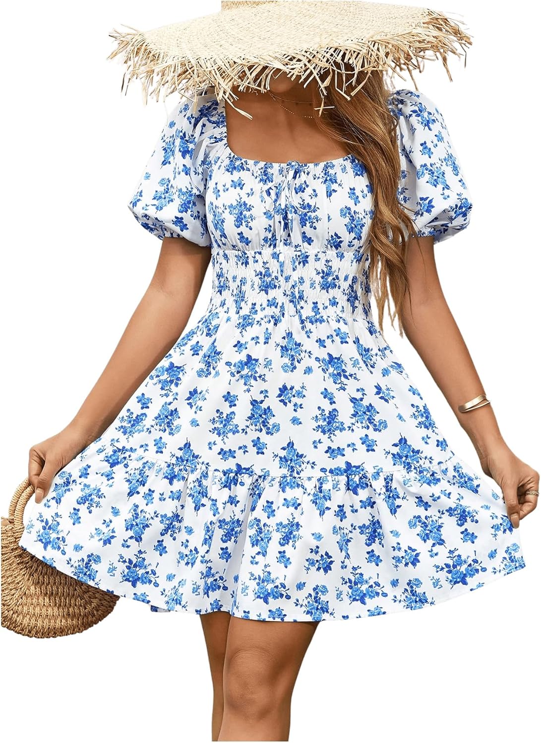 Floerns Women's Boho Square Neck Puff Sleeve A Line Dress