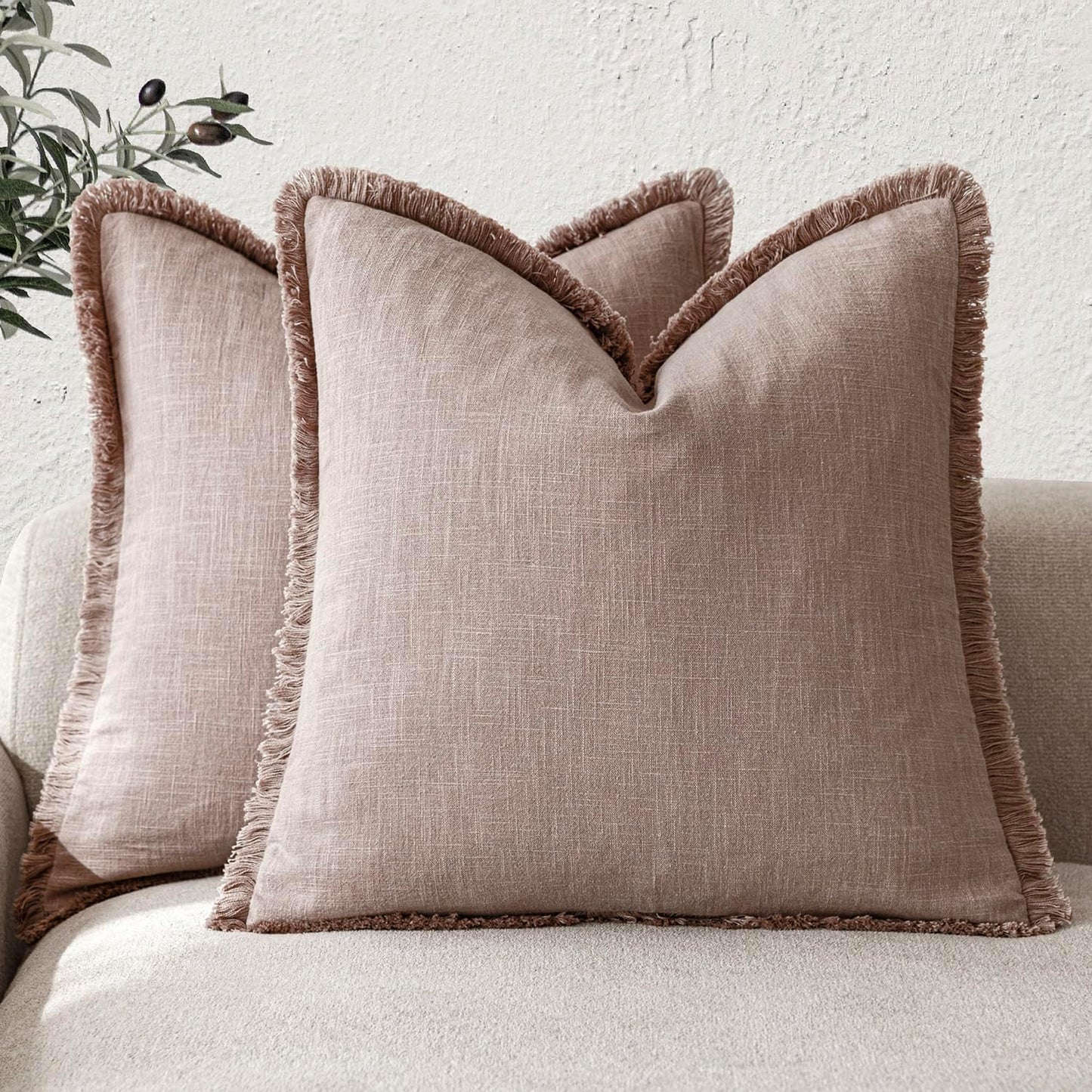 Boho Decorative Linen Fringe Throw Pillow Covers Set of 2
