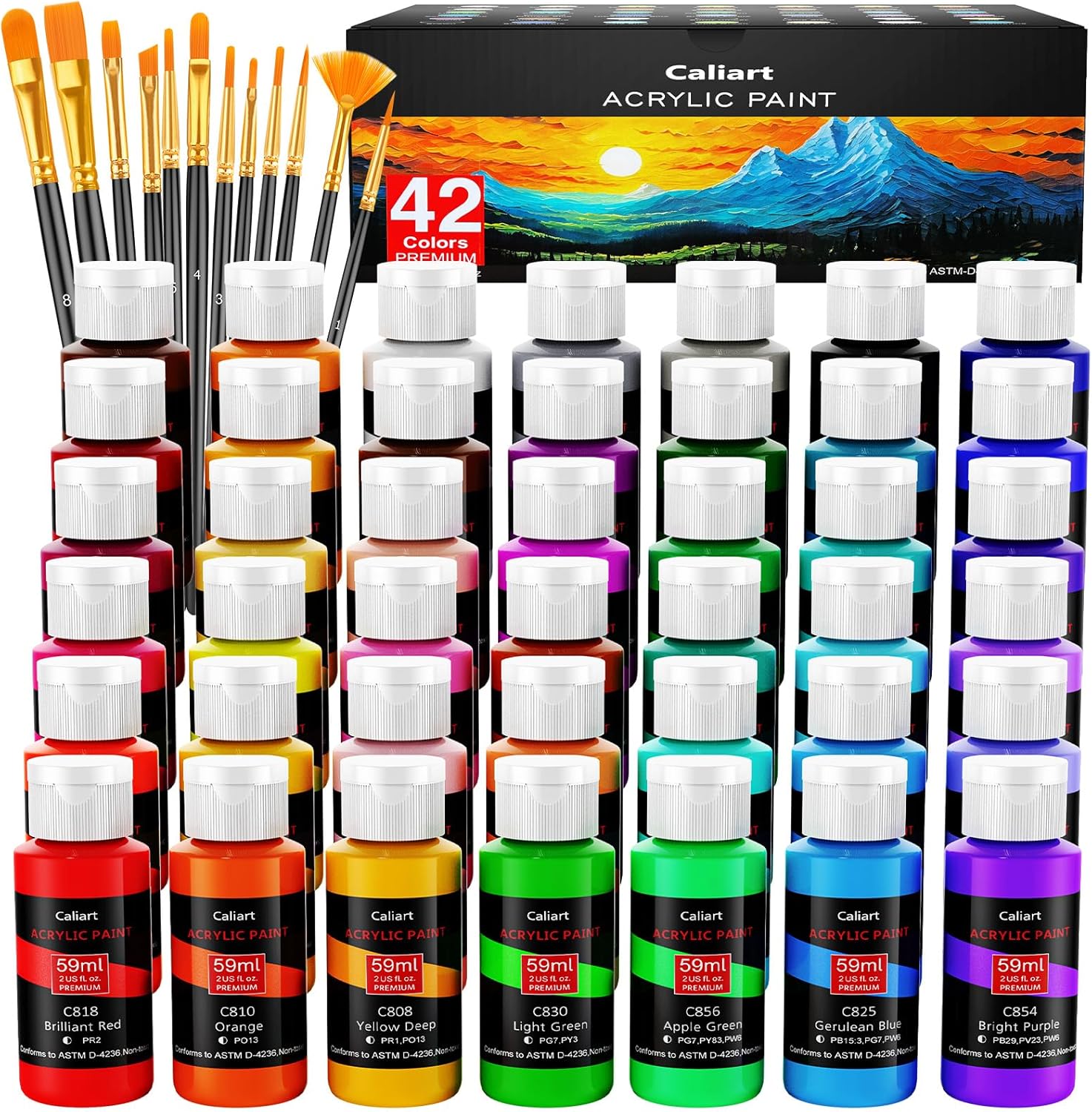 Caliart Acrylic Paint Set with 42 Colors and 12 Brushes