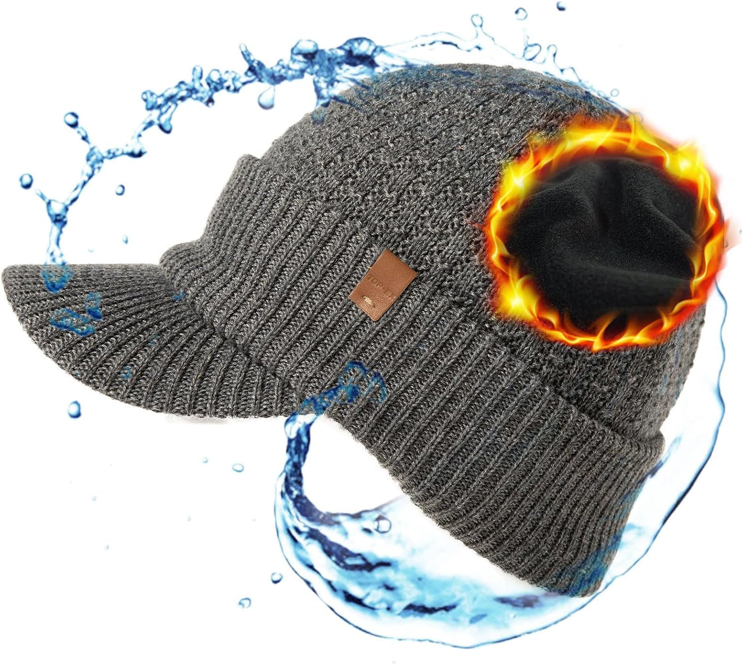 TOP-EX Waterproof Merino Wool Visor Beanie Hat for Big Heads
