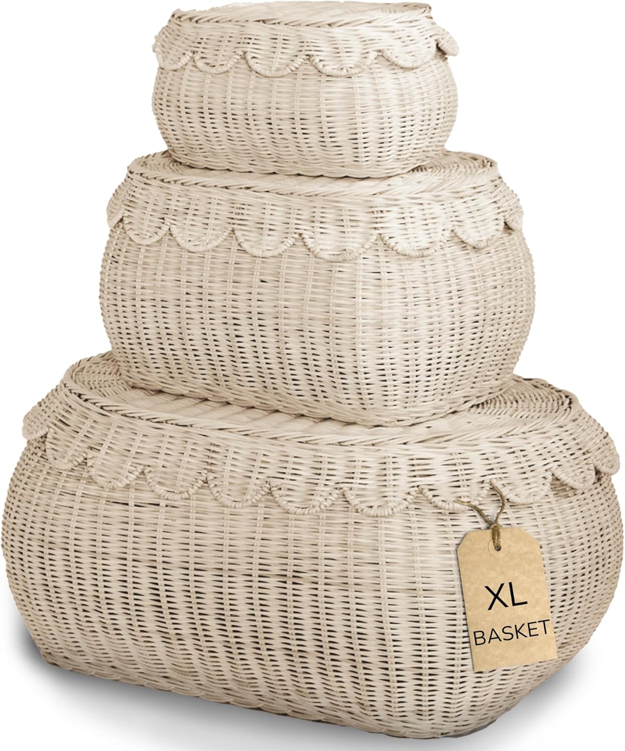 BEBE BASK Large Scalloped Basket Set of 3 for Stylish Storage
