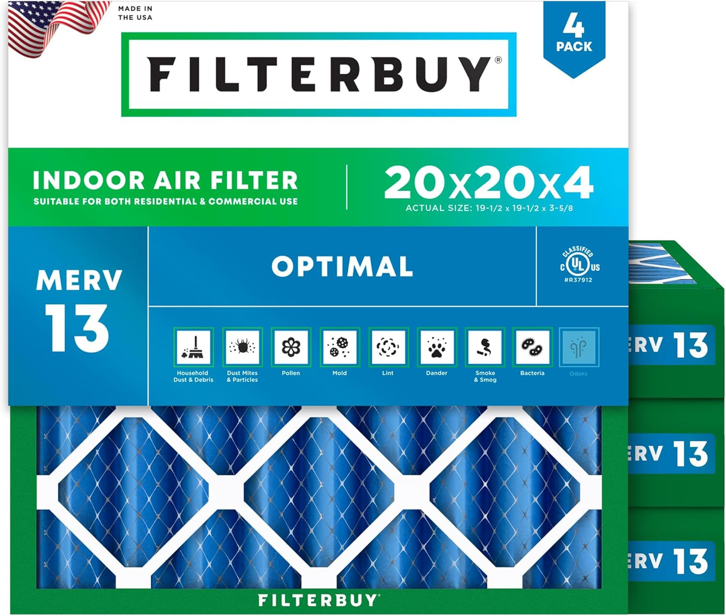 Filterbuy 20x20x4 Air Filter MERV 13 for Smoke & Allergy Defense