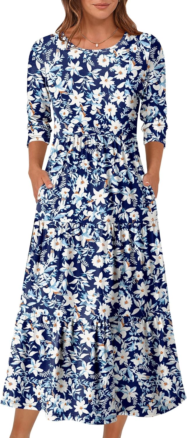 Stylish 3/4 Sleeve Casual Maxi Floral Dress for Women