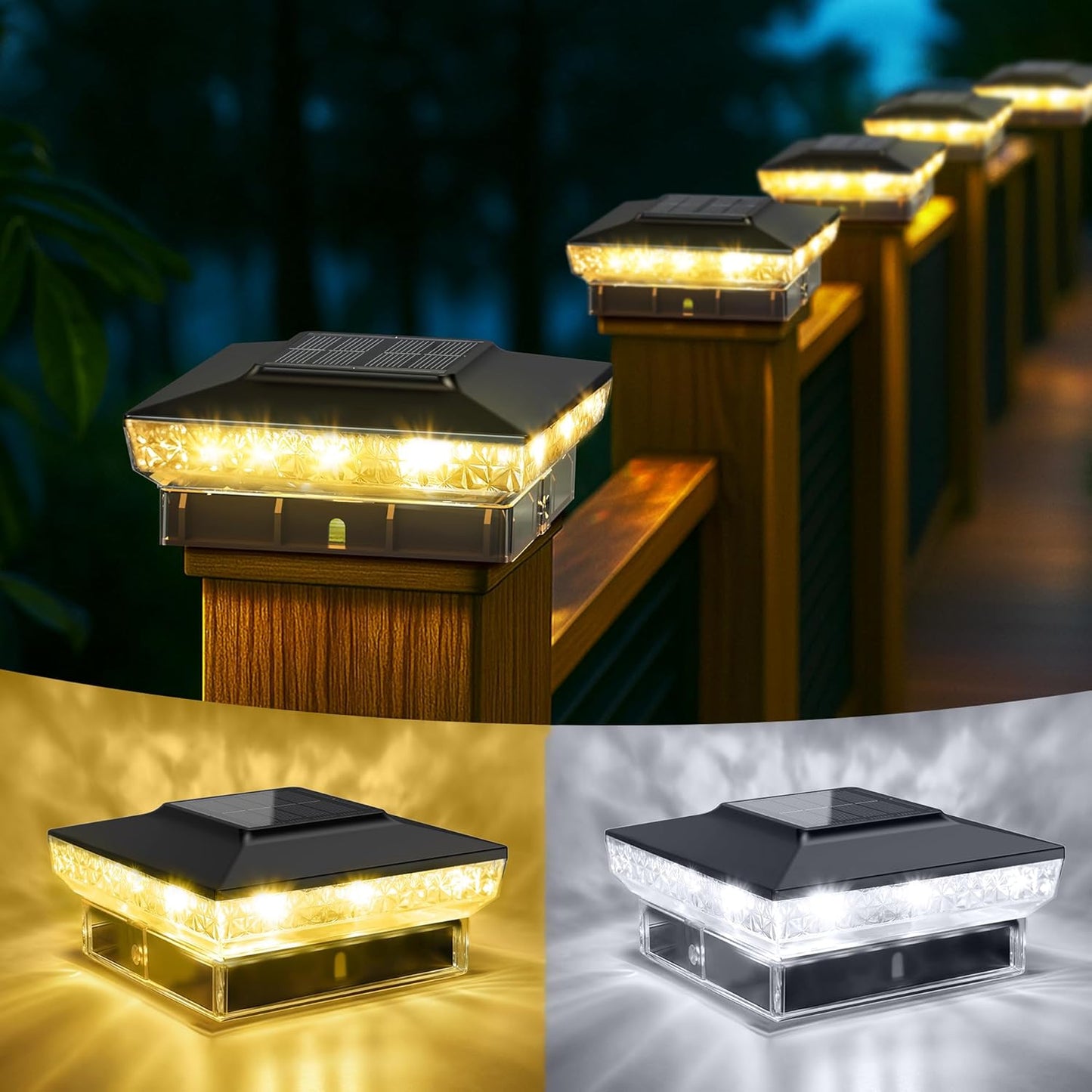 Solar Post Cap Lights for 4x4 5x5 Posts - 12-Pack Black