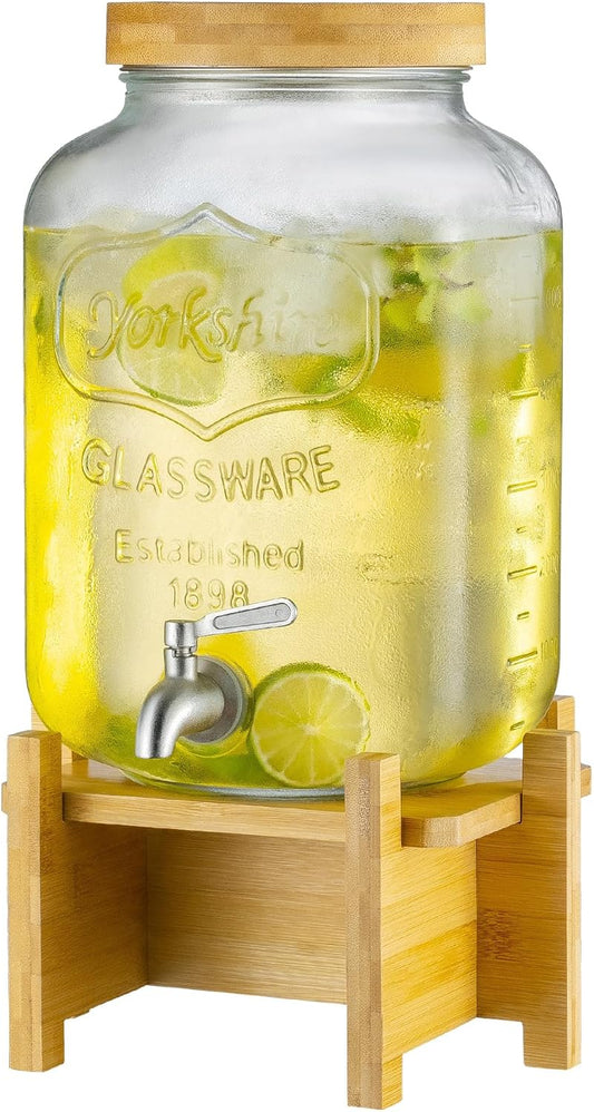 2 Gallon Glass Beverage Dispenser with Wood Stand and Lid