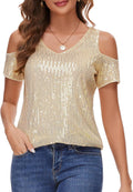 Womens Sparkly Sequin Top V Neck Cold Shoulder - Dressy (Style ZJPT)