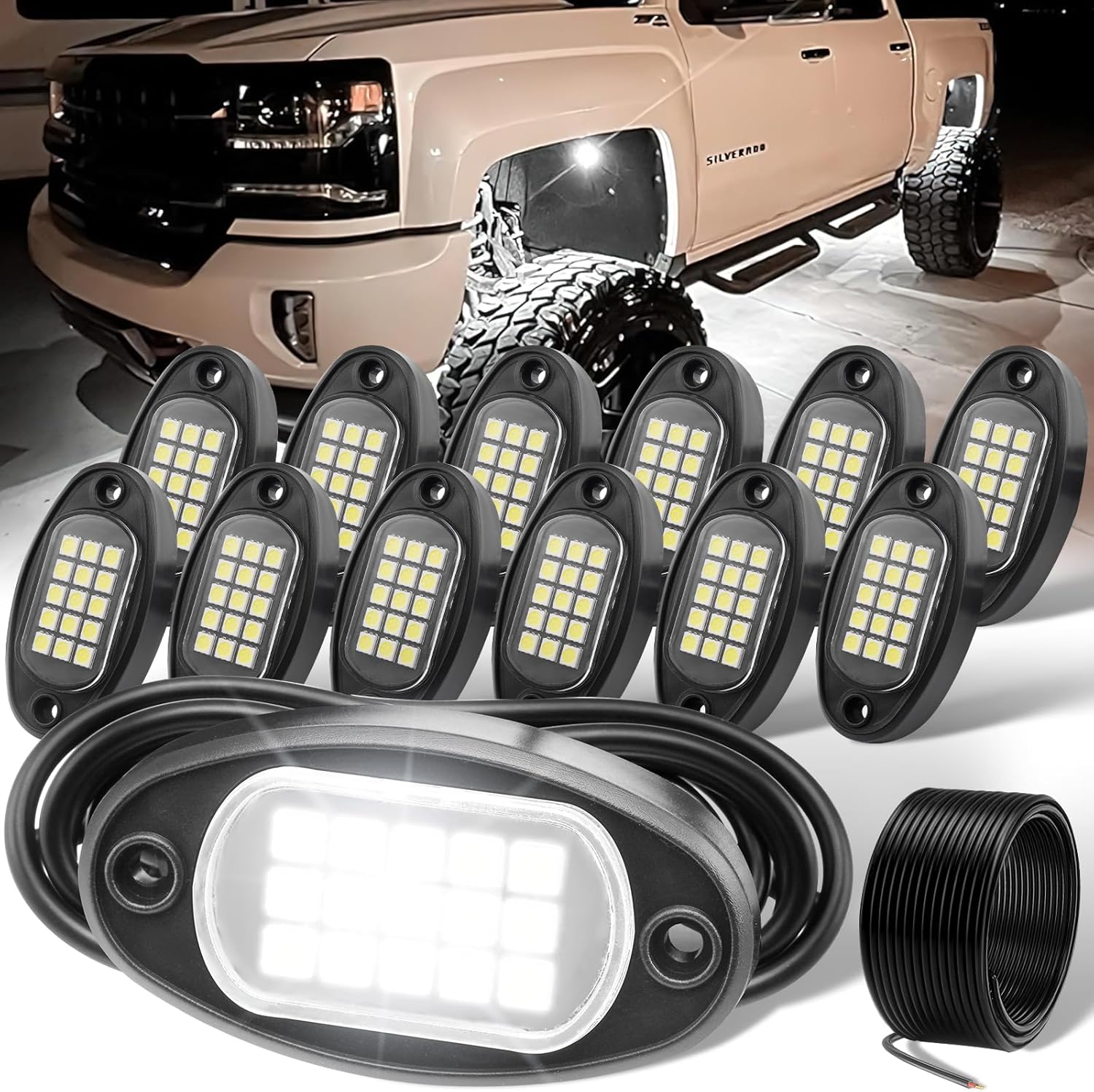 YONEDA 12 Pods White Rock Lights for Trucks and SUVs - Ultra Bright