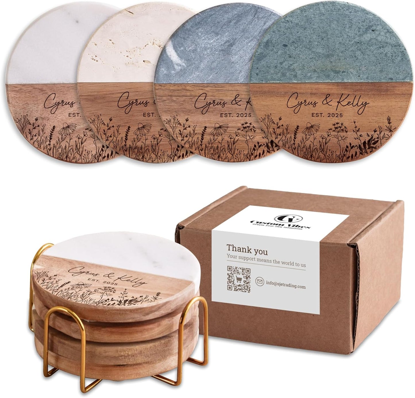 Luxury Marble and Wood Coasters Set of 4 with Gold Stand