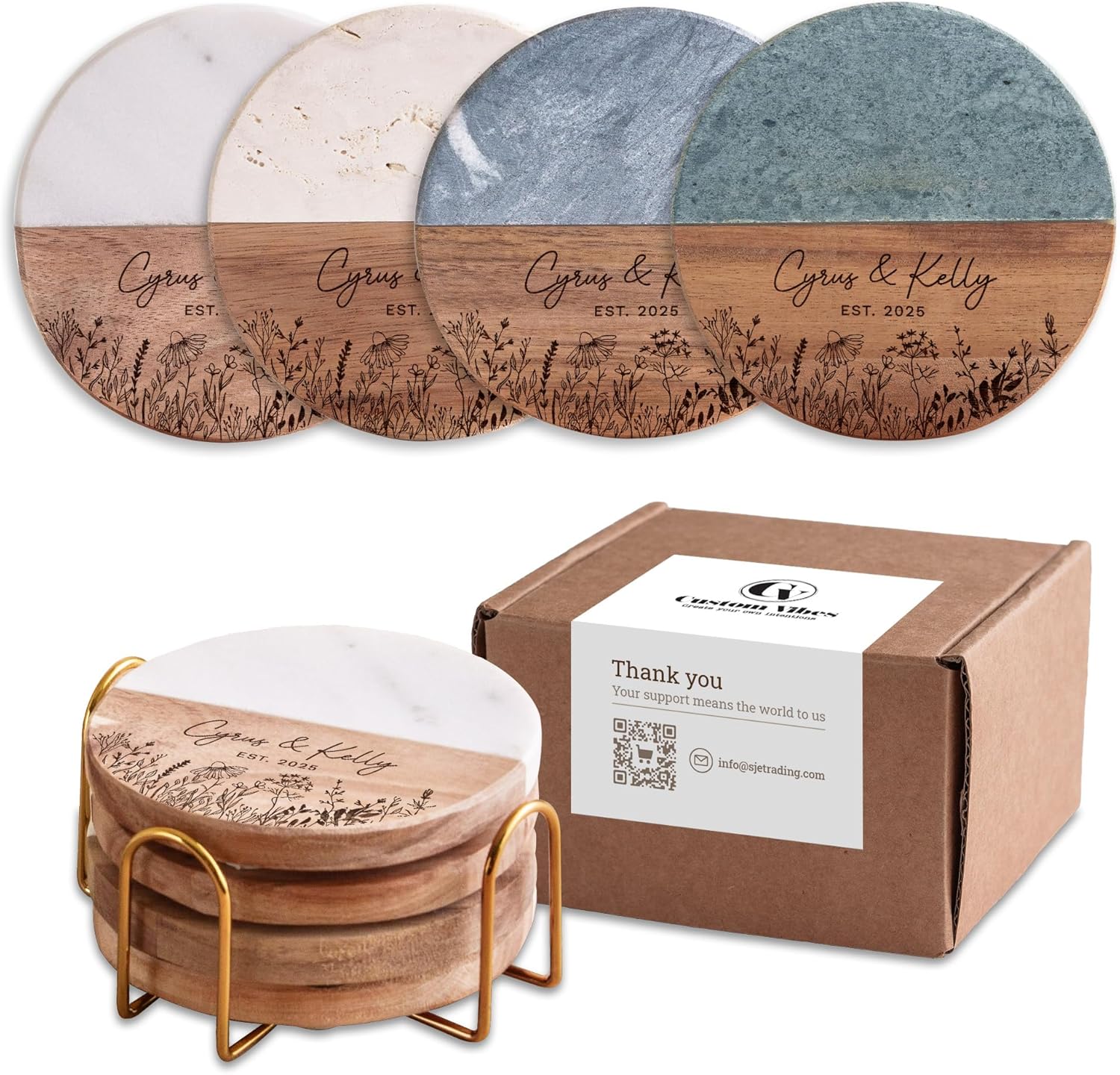 Luxury Marble and Wood Coasters Set of 4 with Gold Stand