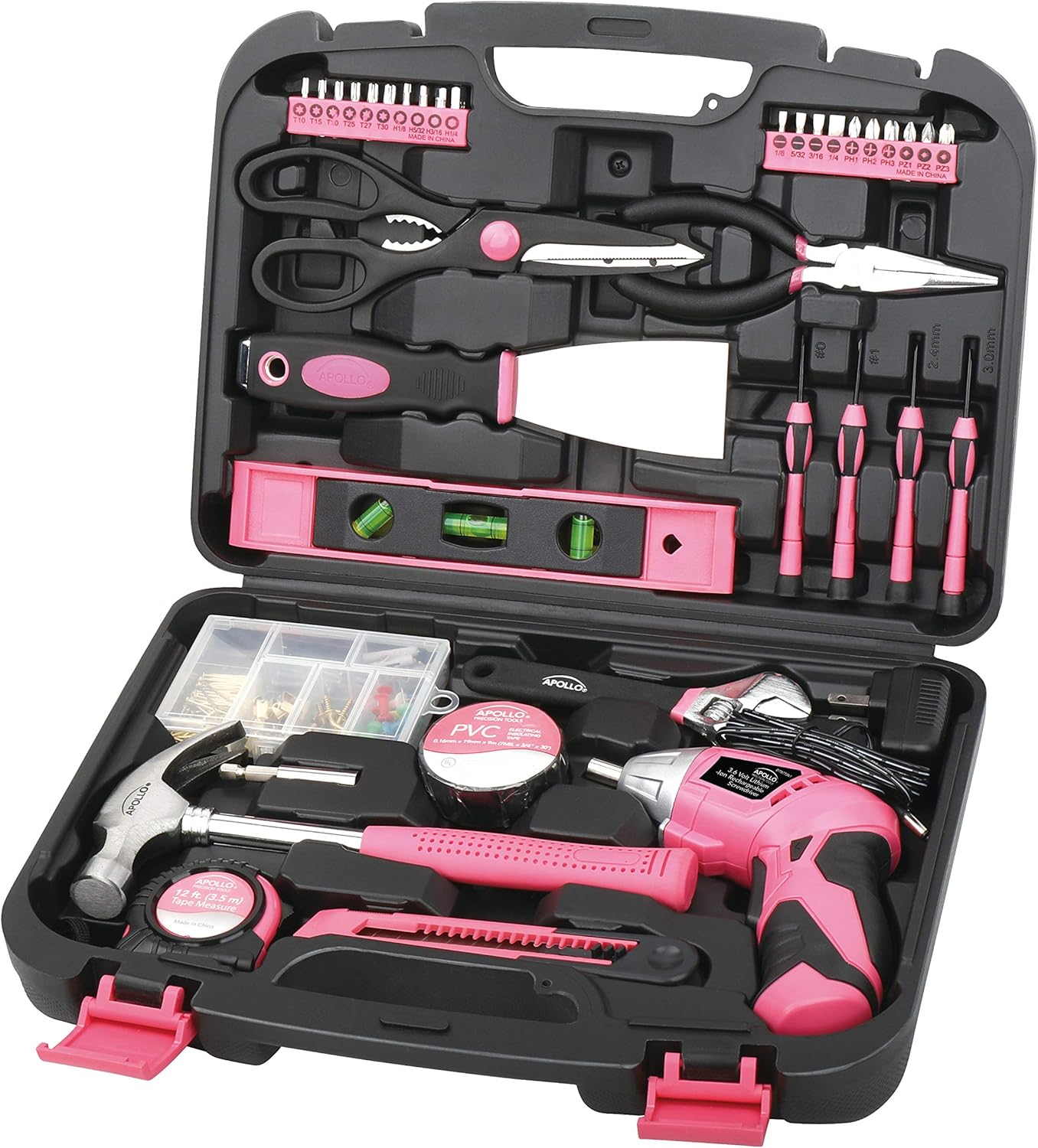 Apollo Tools 135 Piece Pink Hand Tools Set with Cordless Screwdriver