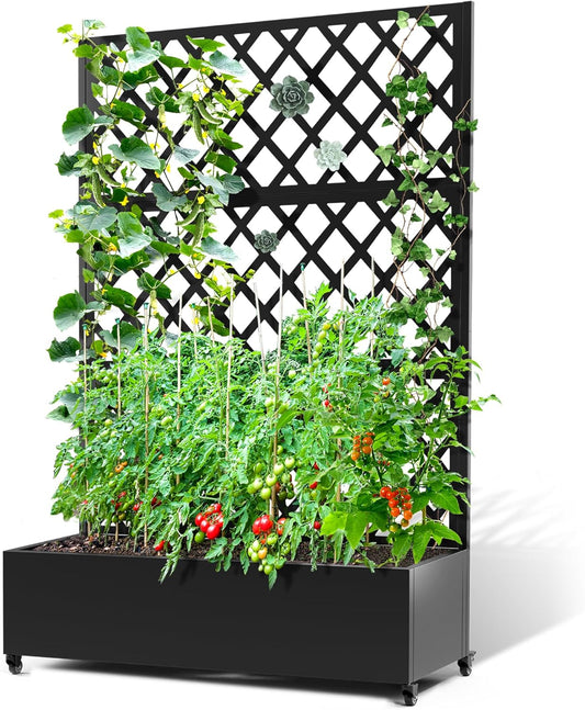 Metal Planter Box with Trellis & Wheels for Outdoor Gardening