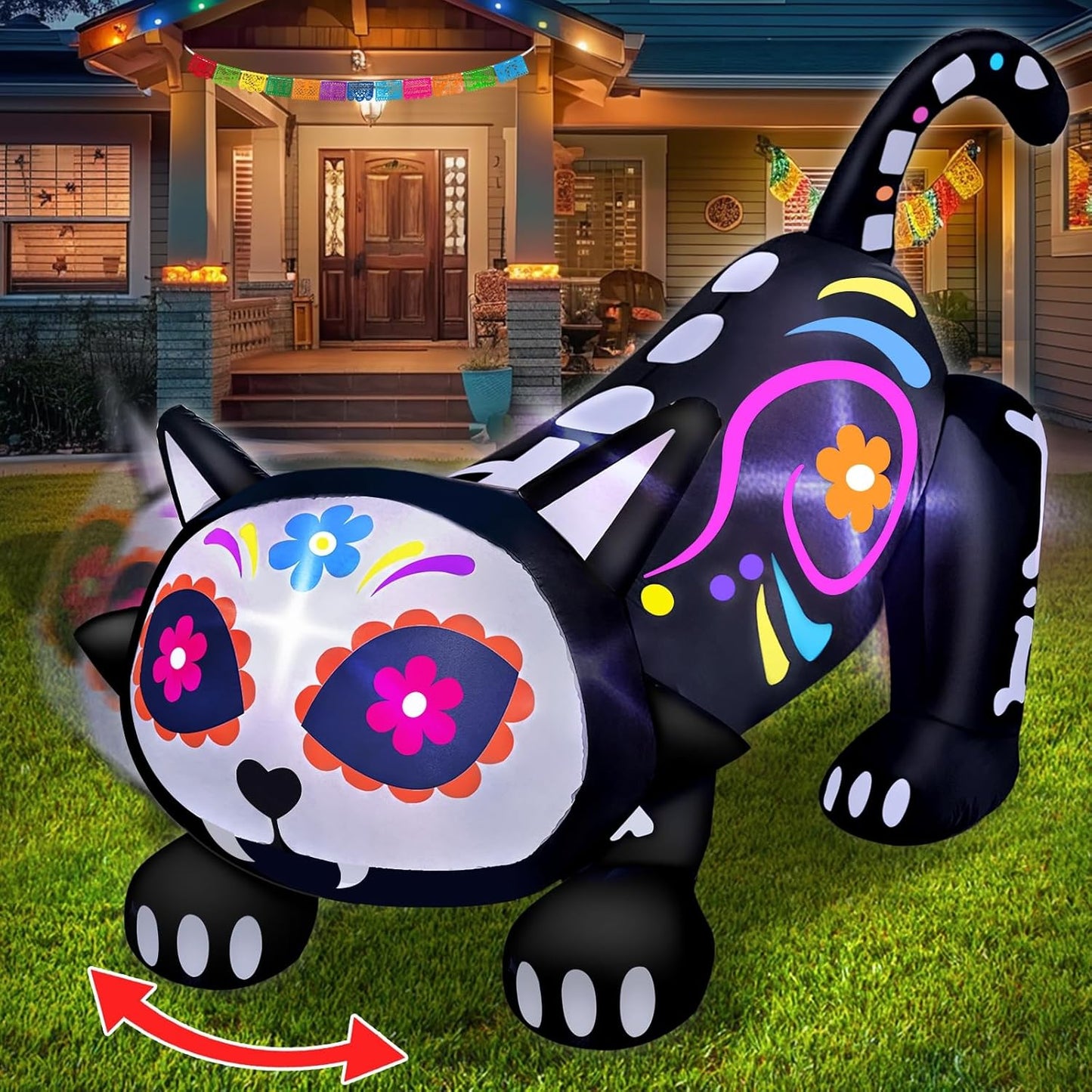 5 Ft Day of The Dead Inflatable Skeleton Black Cat Decoration