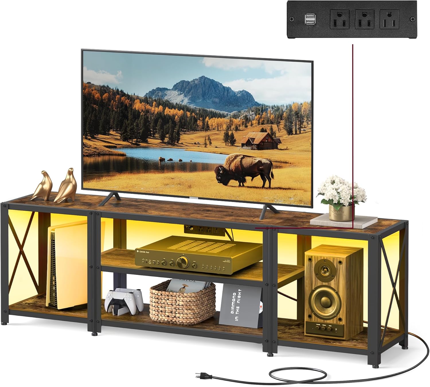 VASAGLE TV Stand w/ Power Outlets & LED Lights - Organize & Illuminate TVs up to 60!