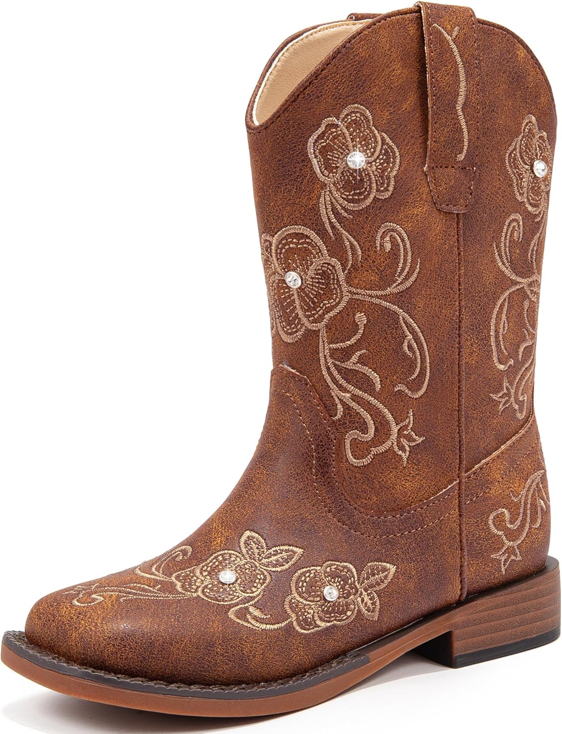 Girls Cowboy Boots with Floral Embroidery and Rhinestones
