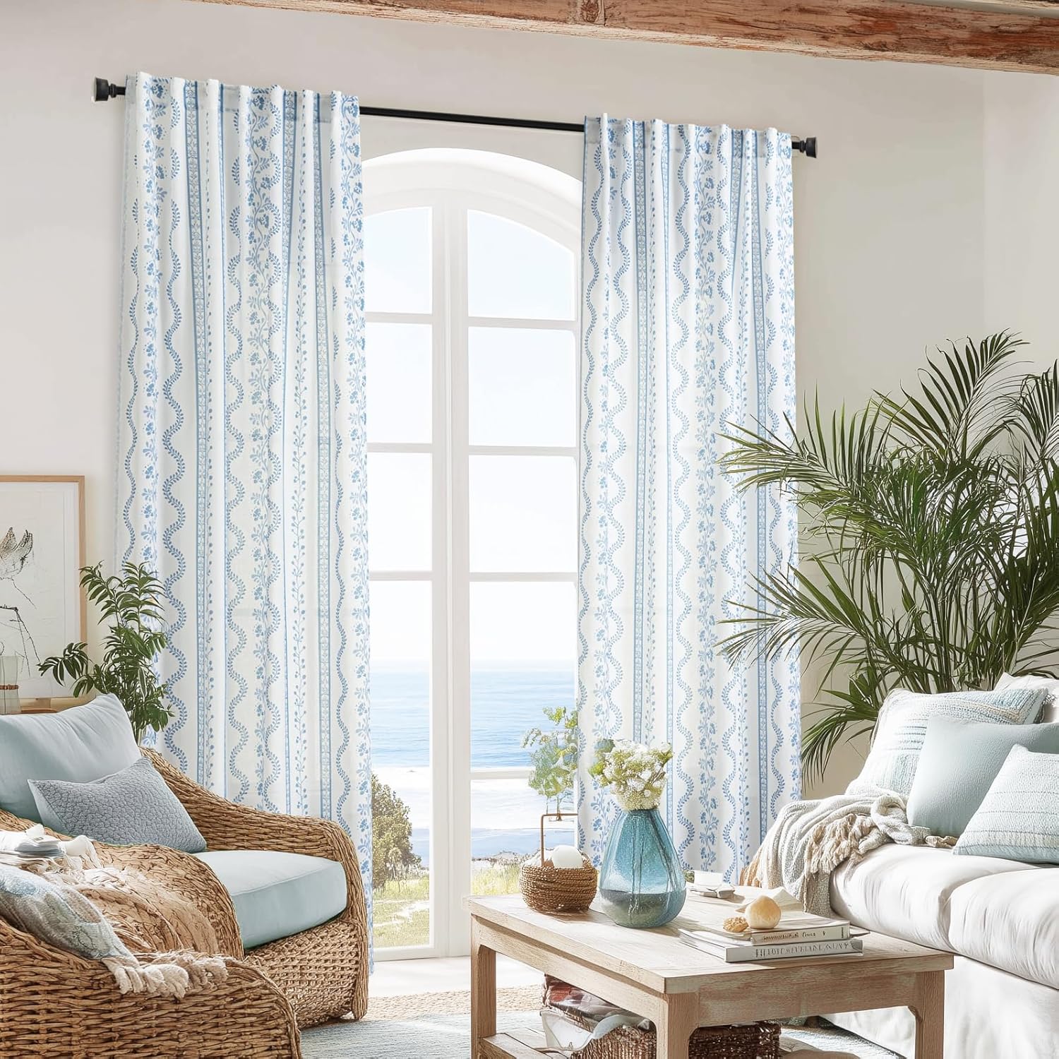 Coastal Curtains for Living Room Bedroom with Floral Stripes