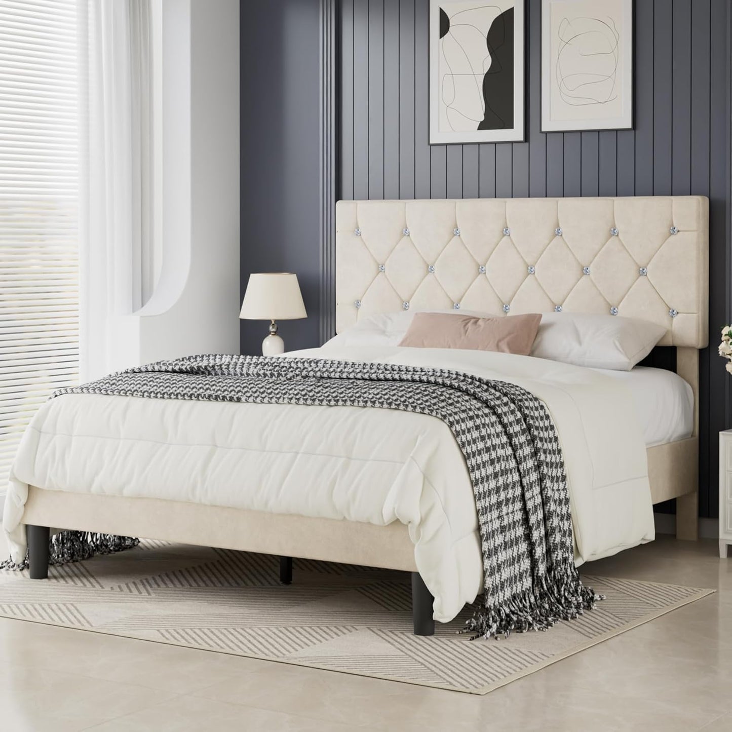VECELO Queen Size Bed Frame with Adjustable Diamond Tufted Headboard
