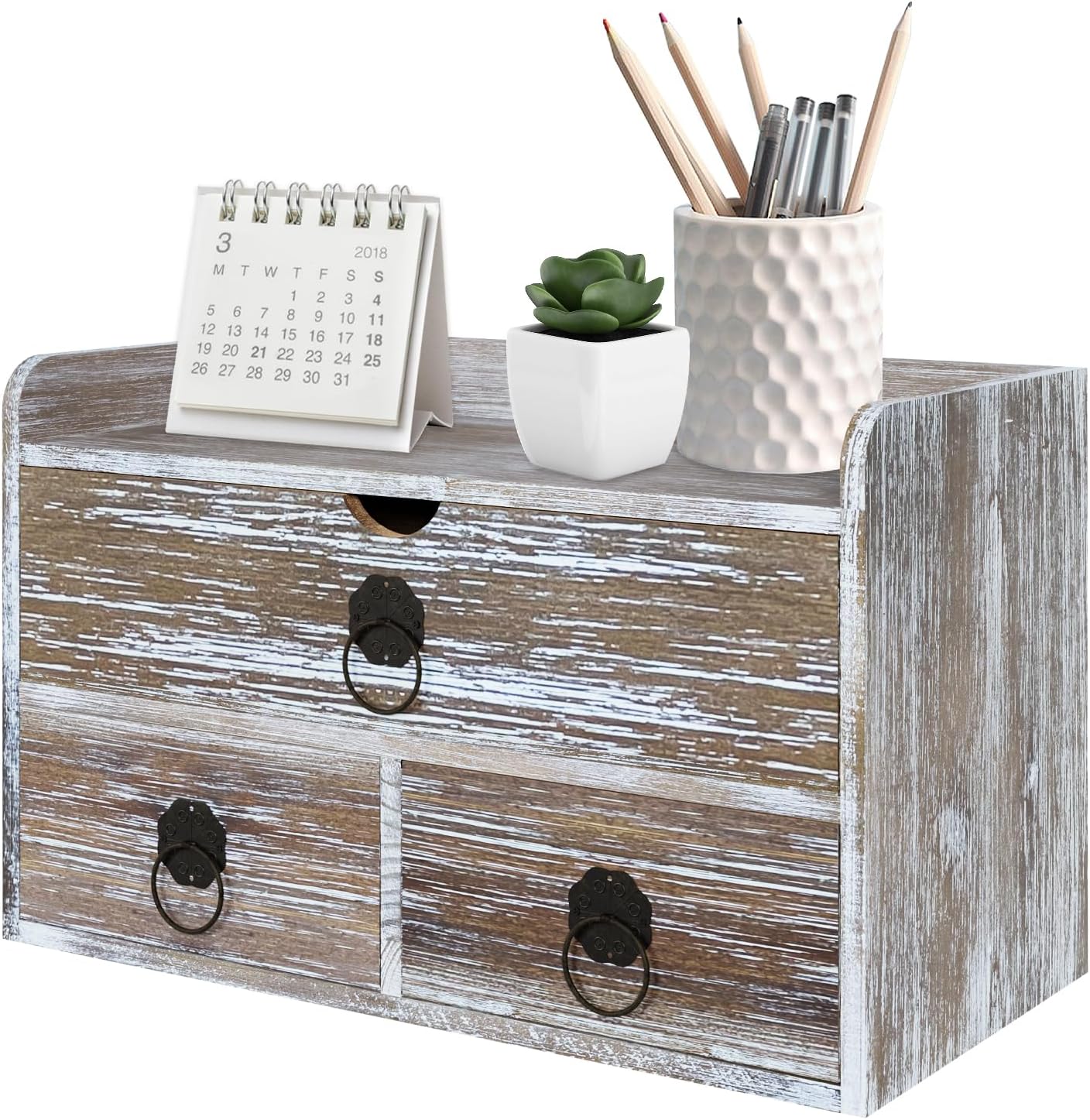 Washed Brown Wood Desk Organizer for Home Office Supplies