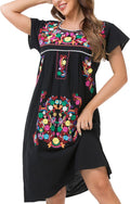 Women Mexican Embroidered Cotton Maxi Dress - Ruffle Collar Boho