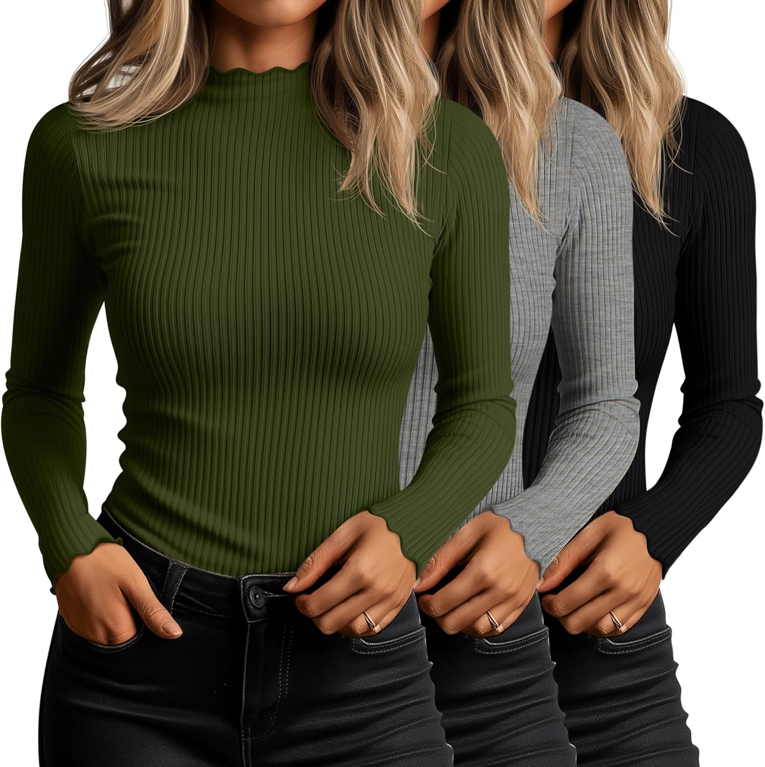 Huukeay Women's Mock Turtleneck Tops 3 Pack for Fall Style
