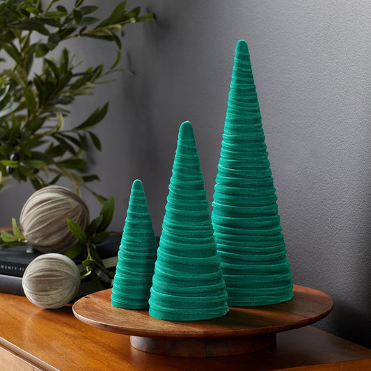 Green Velvet Cones Set of 3 for Modern Farmhouse Decor