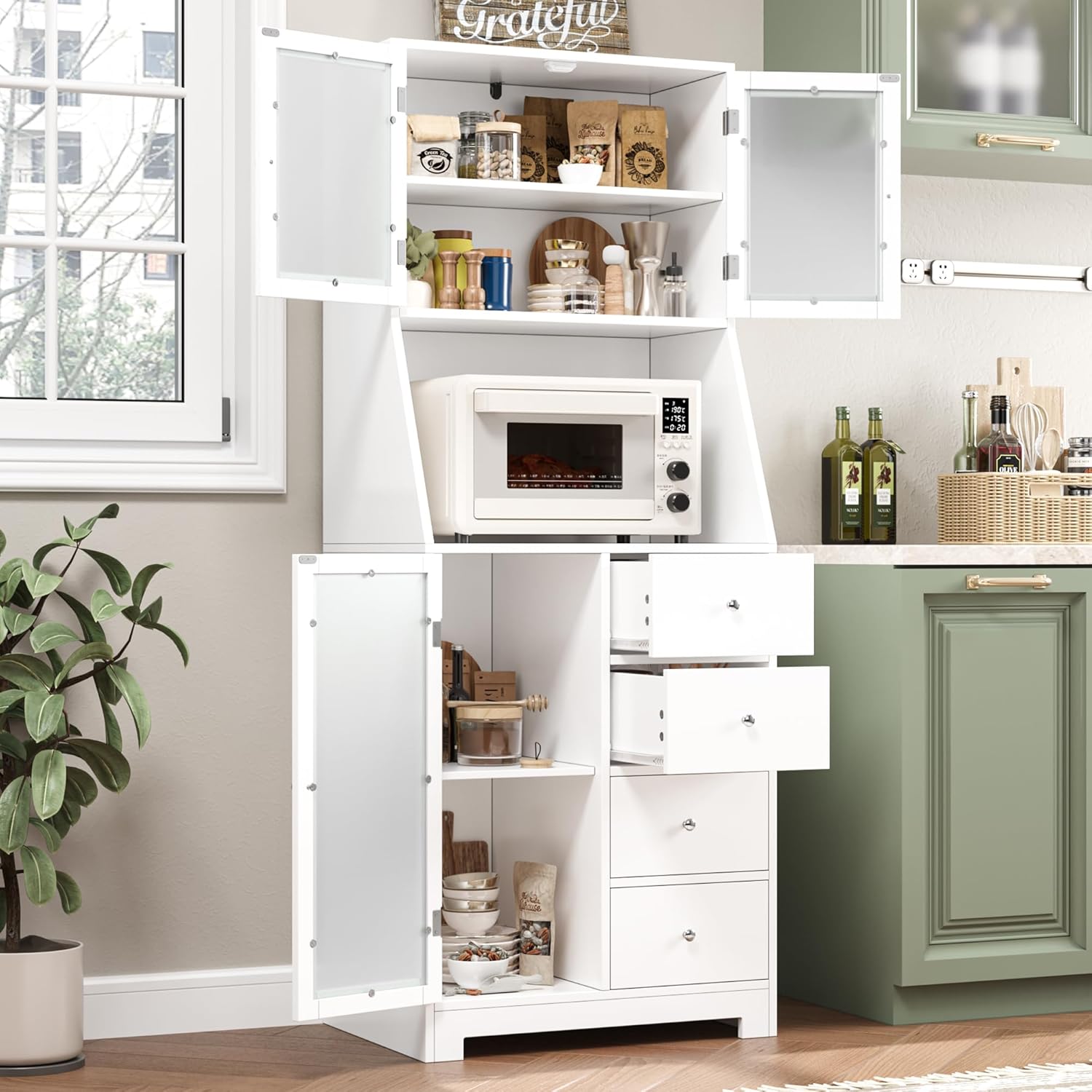 Adjustable Shelves Kitchen Hutch - Space-Saving Storage for Home - White