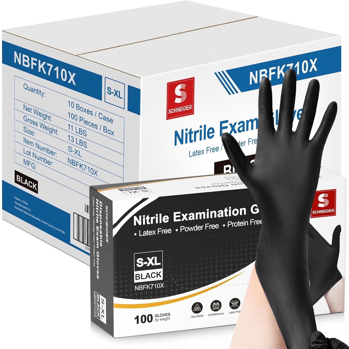 Schneider Nitrile Exam Gloves - Black, Medium, 1000-ct Case