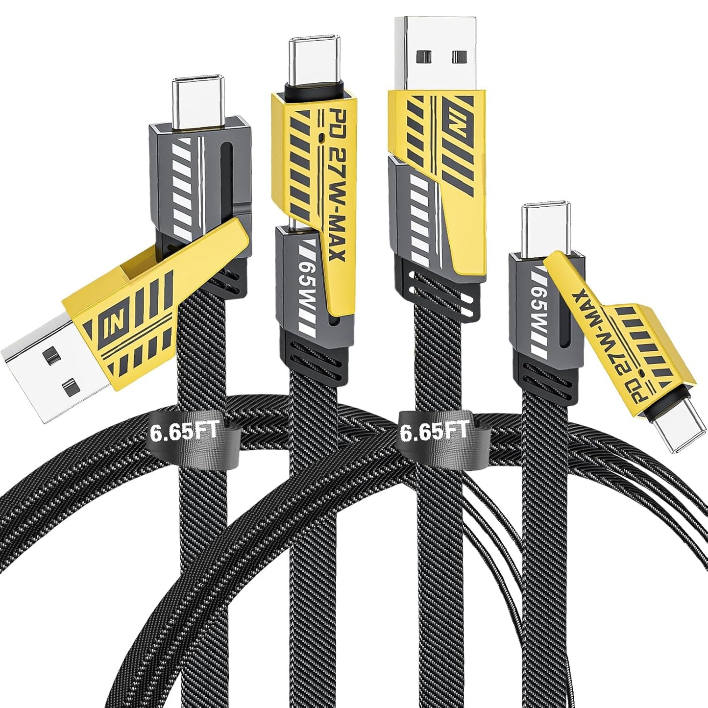 Fast Charge 4-in-1 Cable, 65W PD, 6 Ft Nylon, Multi-Connector - Yellow