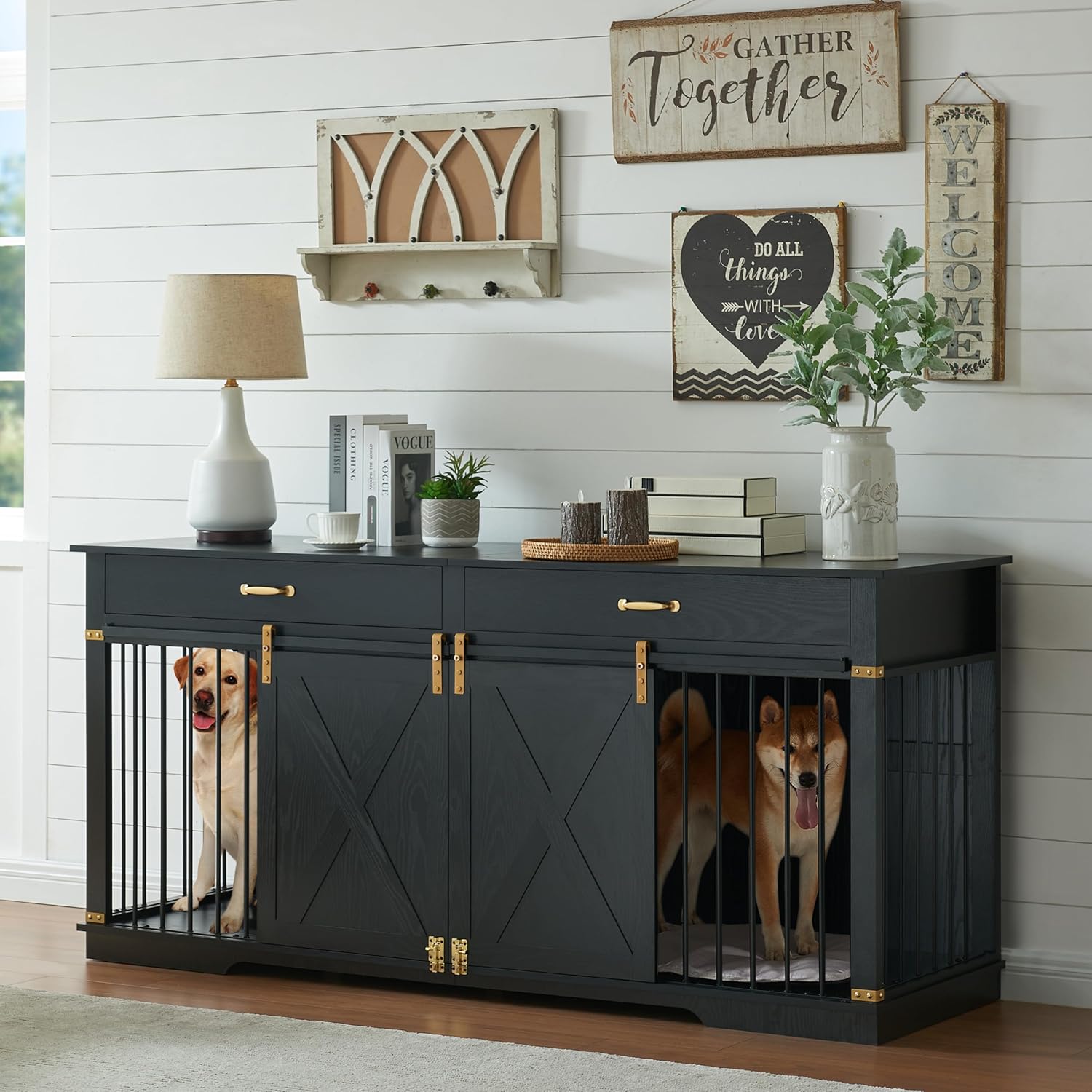 Extra Large Double Dog Crates for Large Breeds with Storage
