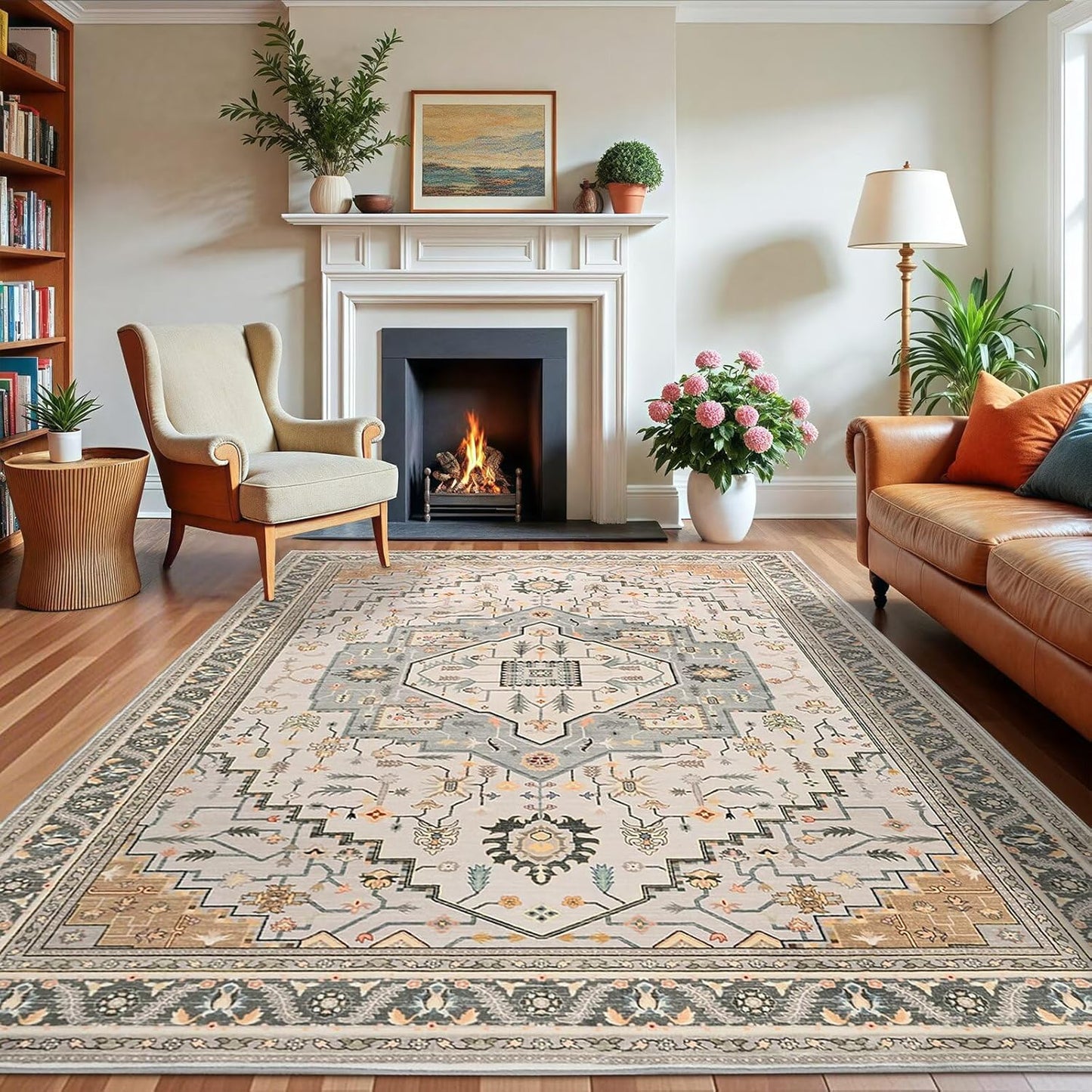 5x7 Grey Beige Area Rug for Living Room with Non-Slip Backing