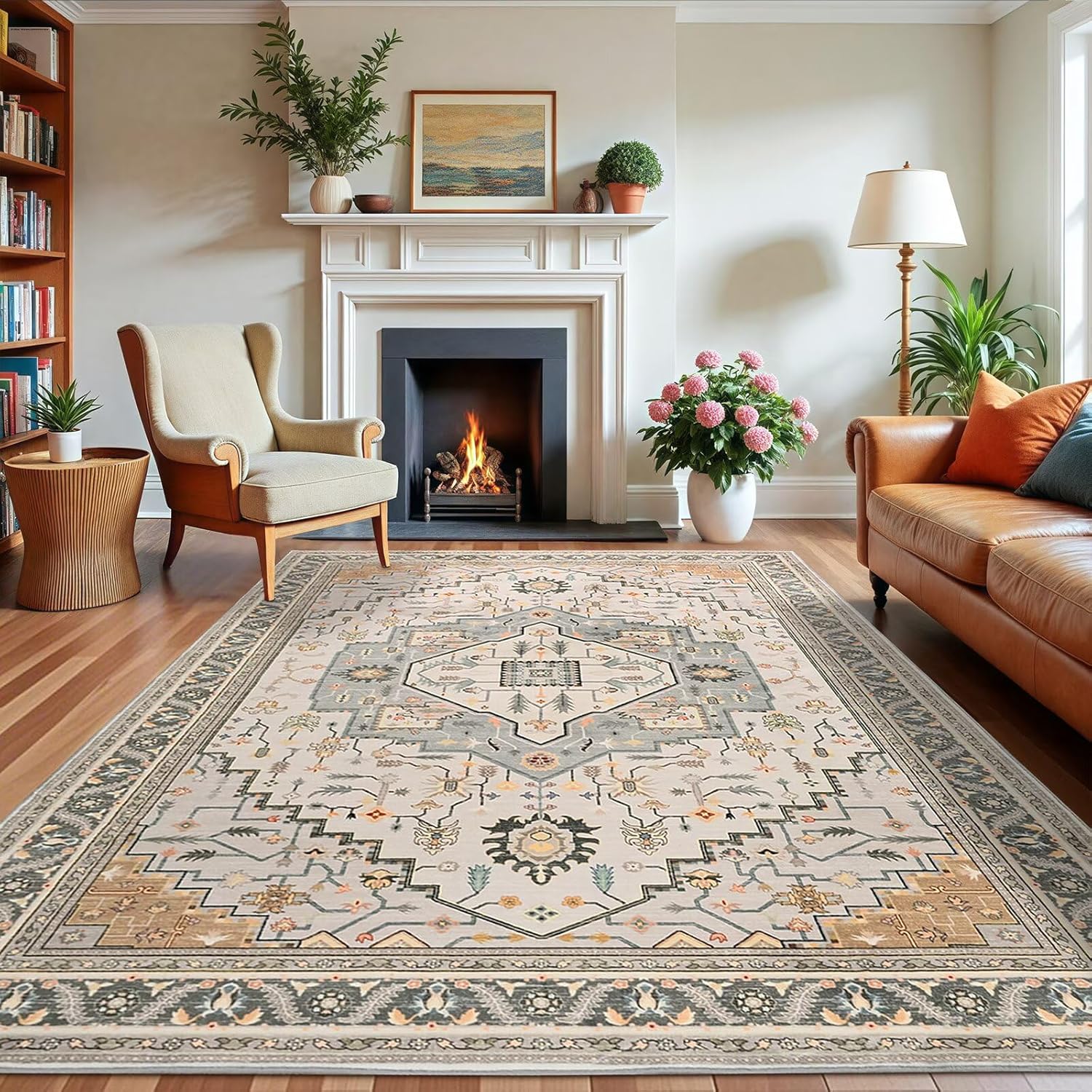 5x7 Grey Beige Area Rug for Living Room with Non-Slip Backing