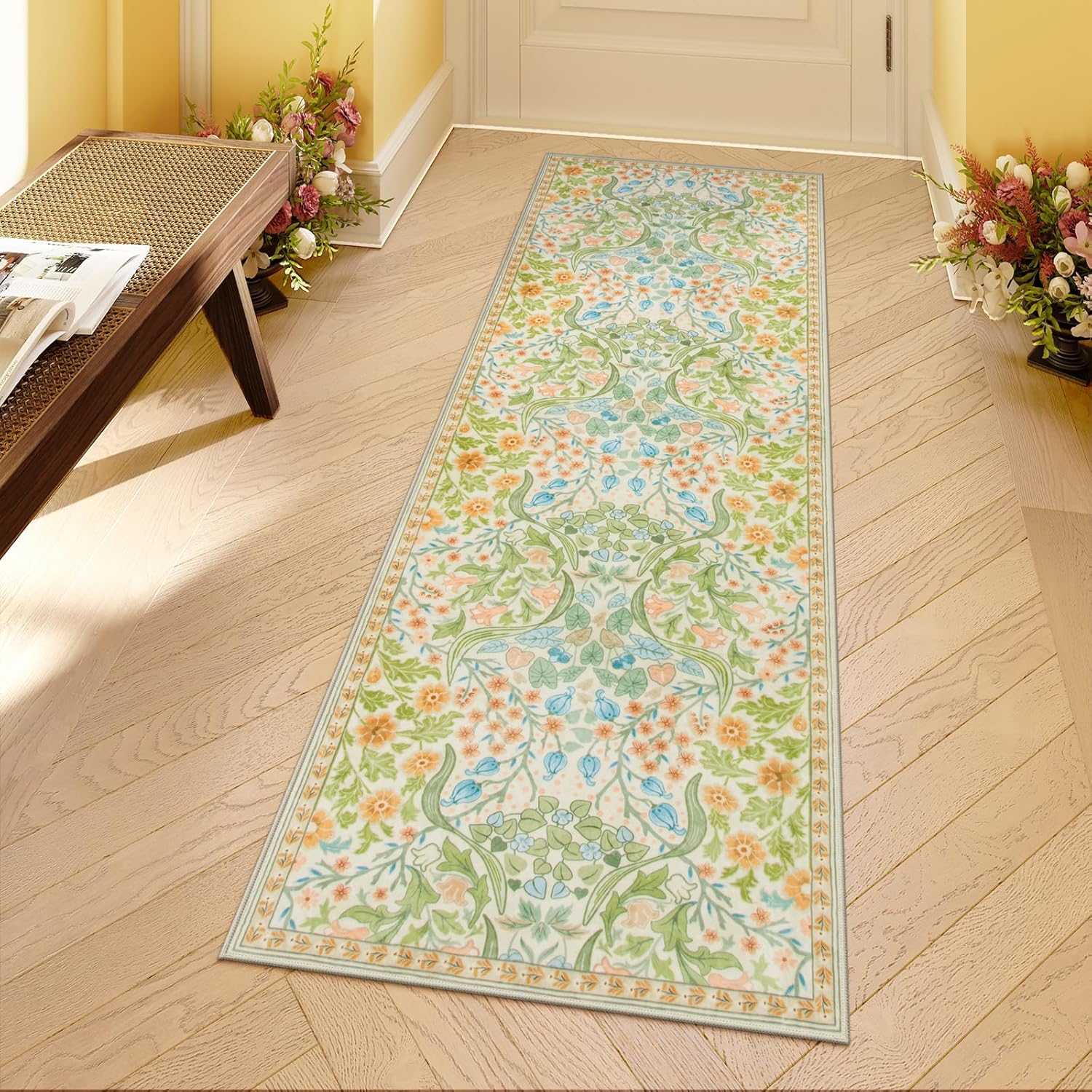 Moynesa Floral Hallway Runner Rug - Vintage Inspired Soft Carpet