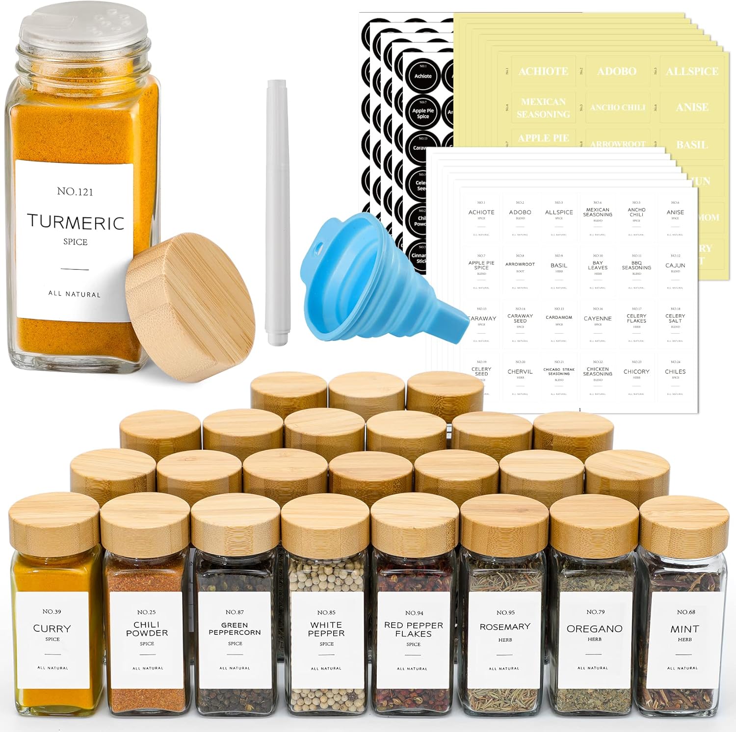 NETANY 24 Pcs Glass Spice Jars with Bamboo Lids for Storage