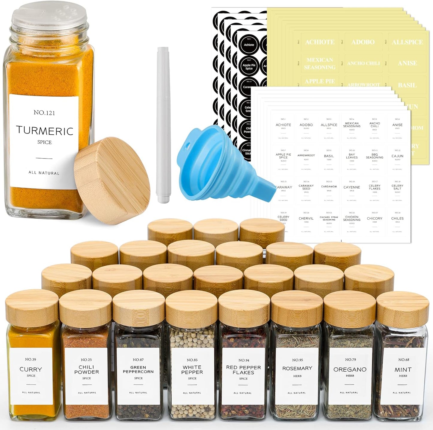 36 Pcs Glass Spice Jars with Bamboo Lids for Kitchen Organization