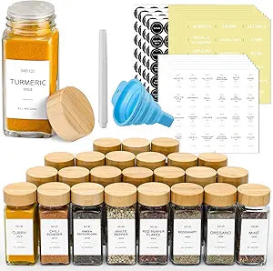 24 Pcs Glass Spice Jars with Bamboo Lids for Kitchen Organization
