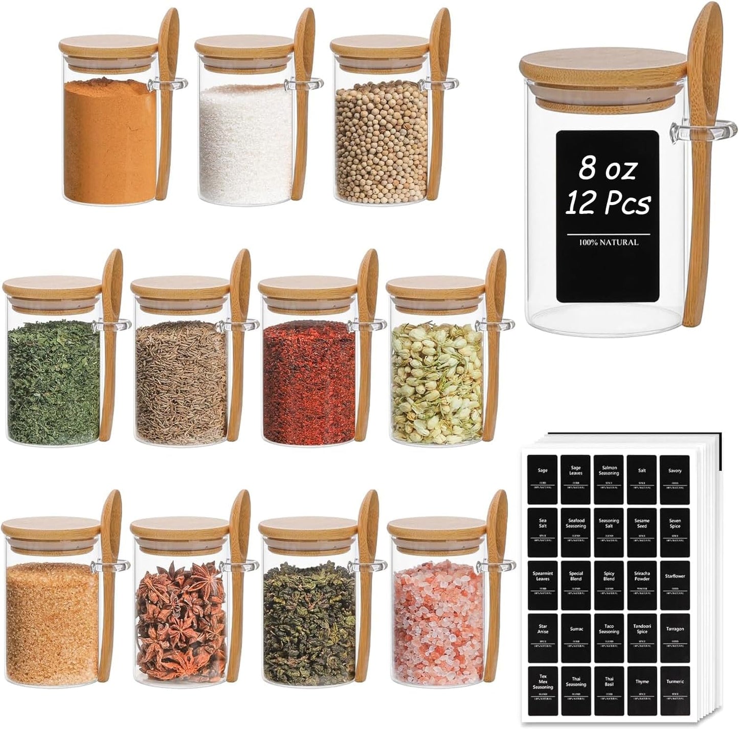 12 Pcs Glass Spice Jars with Bamboo Lids for Seasonings
