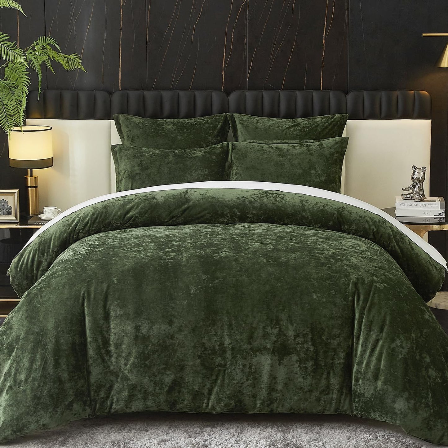 Ivellow Crushed Velvet Comforter Set Queen Green 5pcs Luxury Bedding