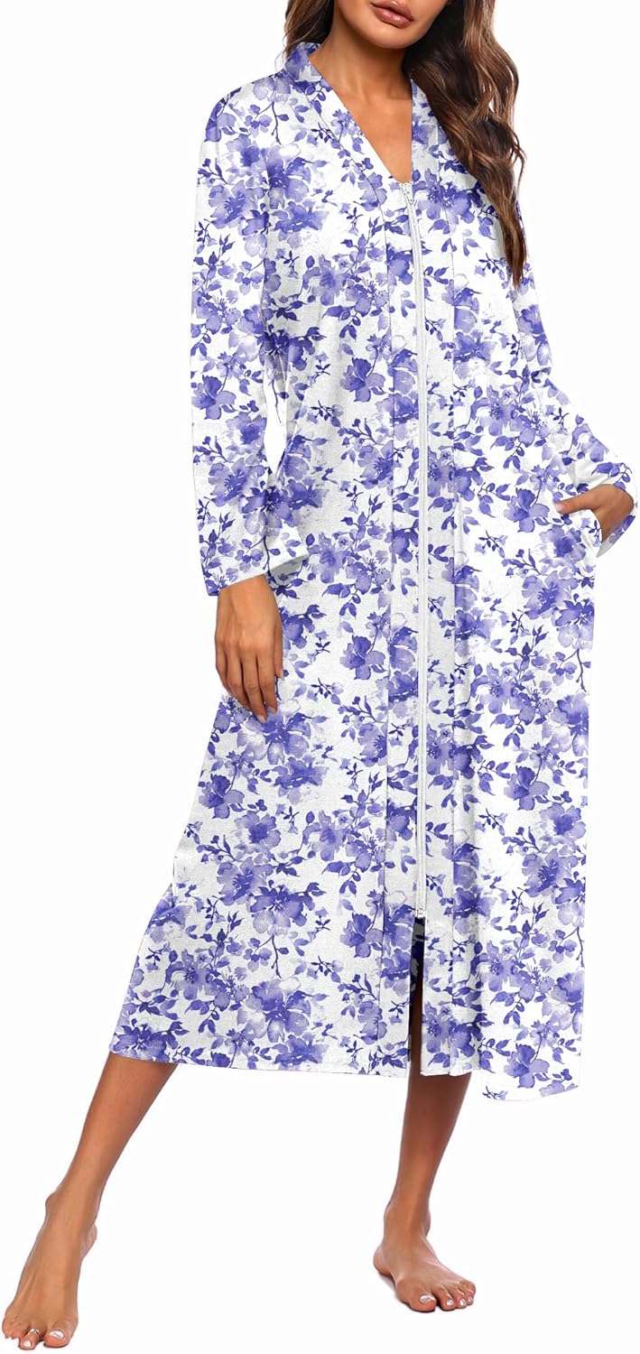 Ekouaer Women Zipper Robe Long Sleeve Lightweight Housecoat
