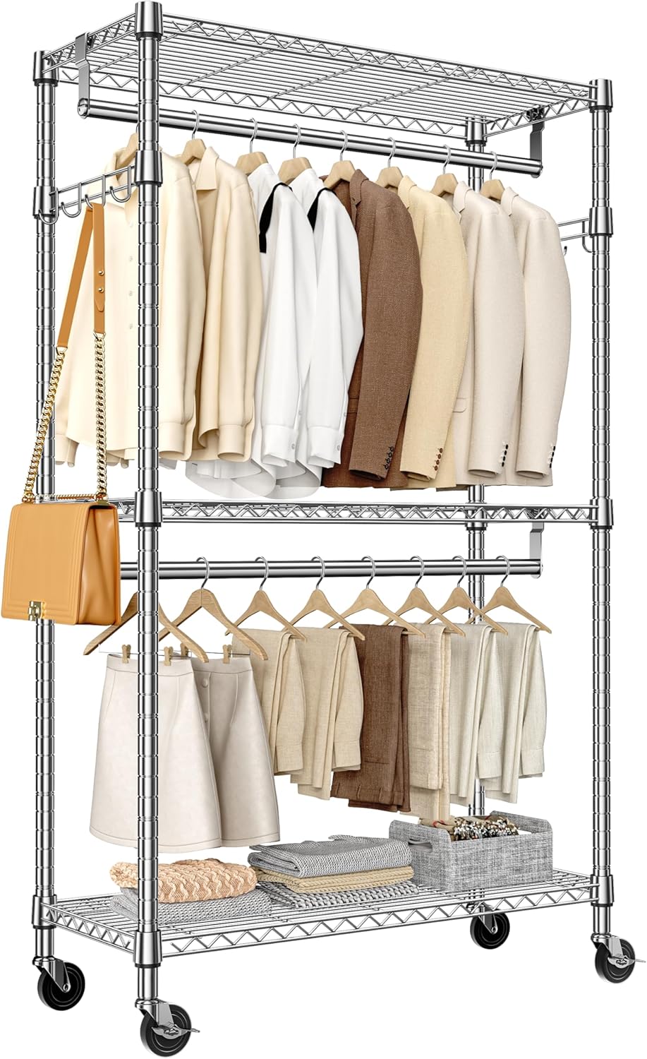 Heavy Duty Rolling Garment Rack with Adjustable Shelving and Hooks