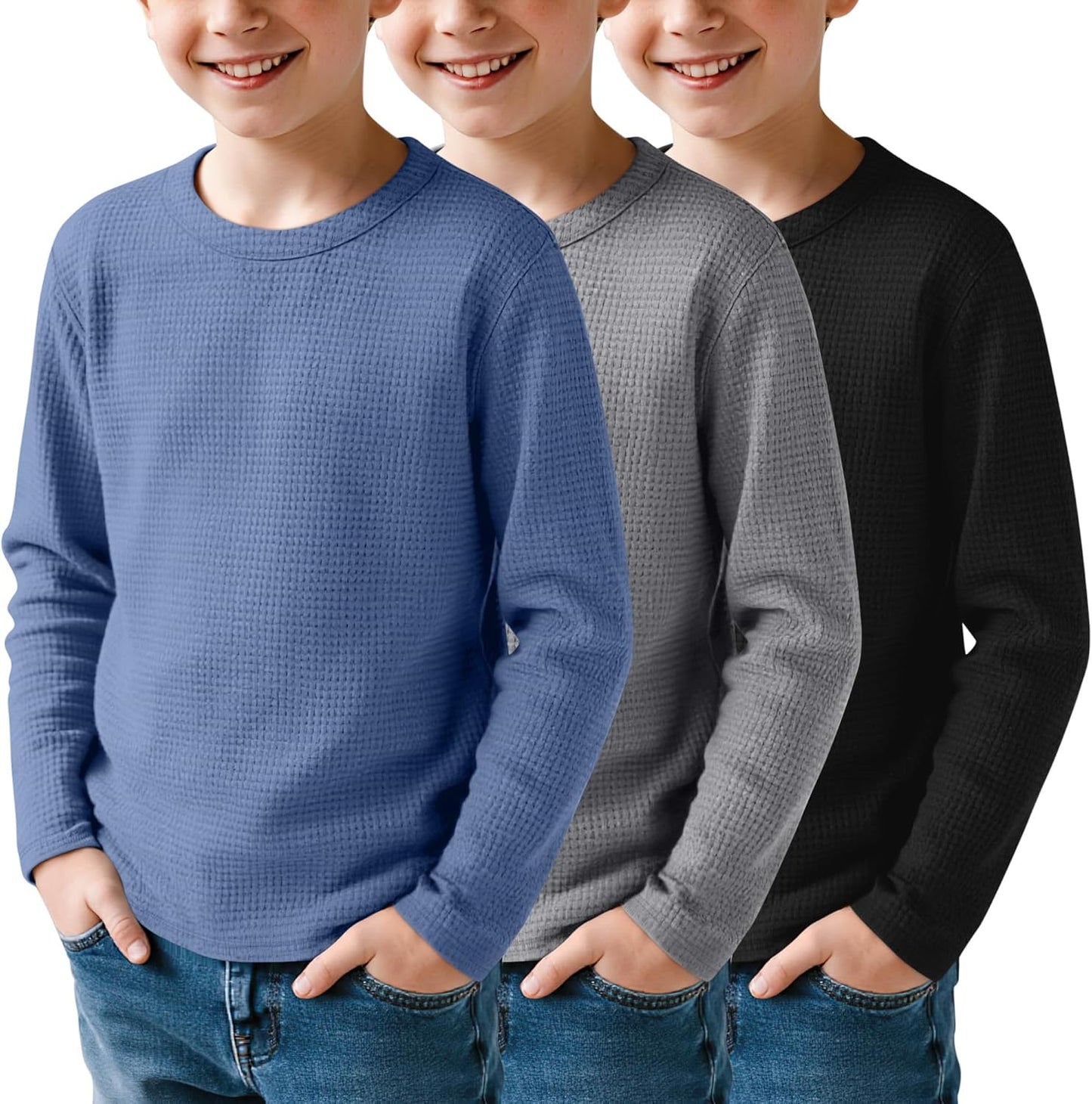 Boys Waffle Long Sleeve T-Shirts 3 Pack for Ages 5-14 Years