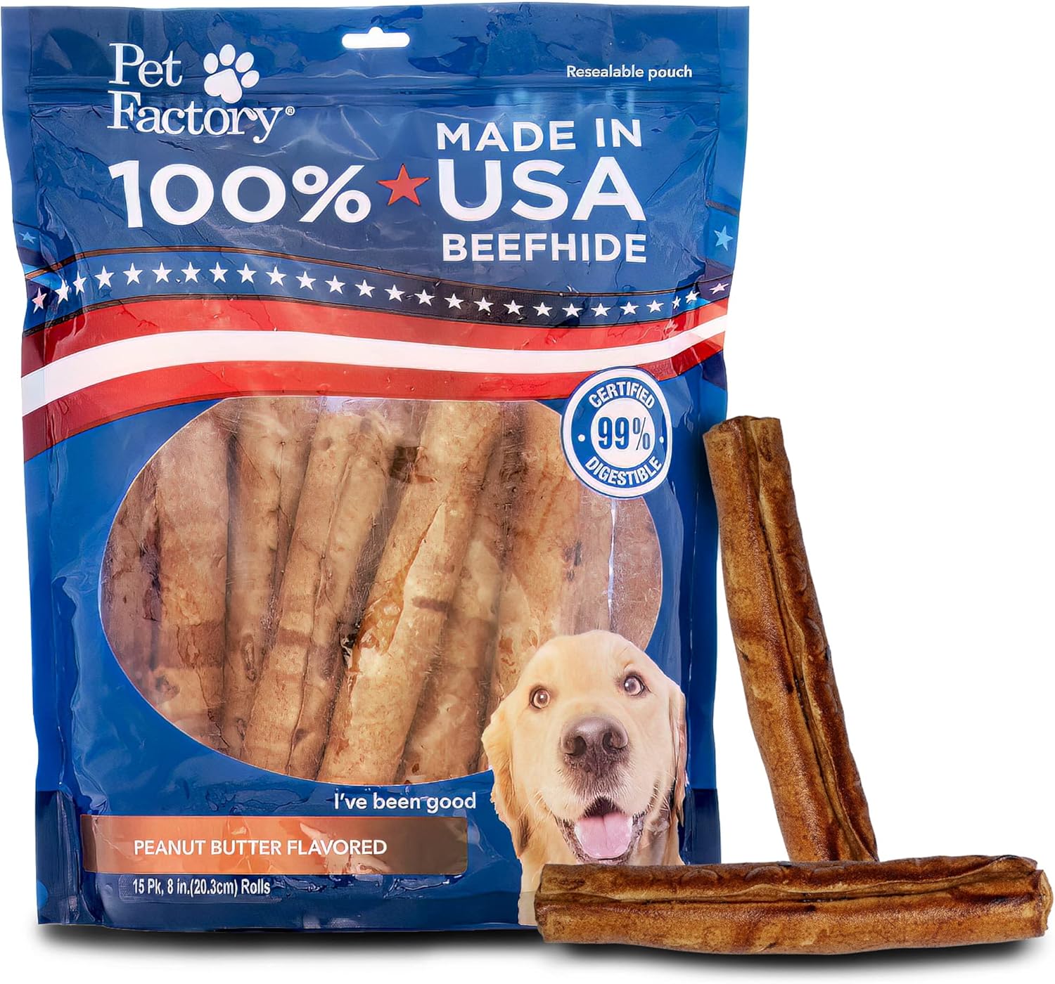 Pet Factory 100% Made in USA Beefhide 8in Rolls Dog Chew Treats