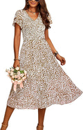 Women Floral Smocked Midi Dress with Ruffle Tiered Sleeves - Flowy
