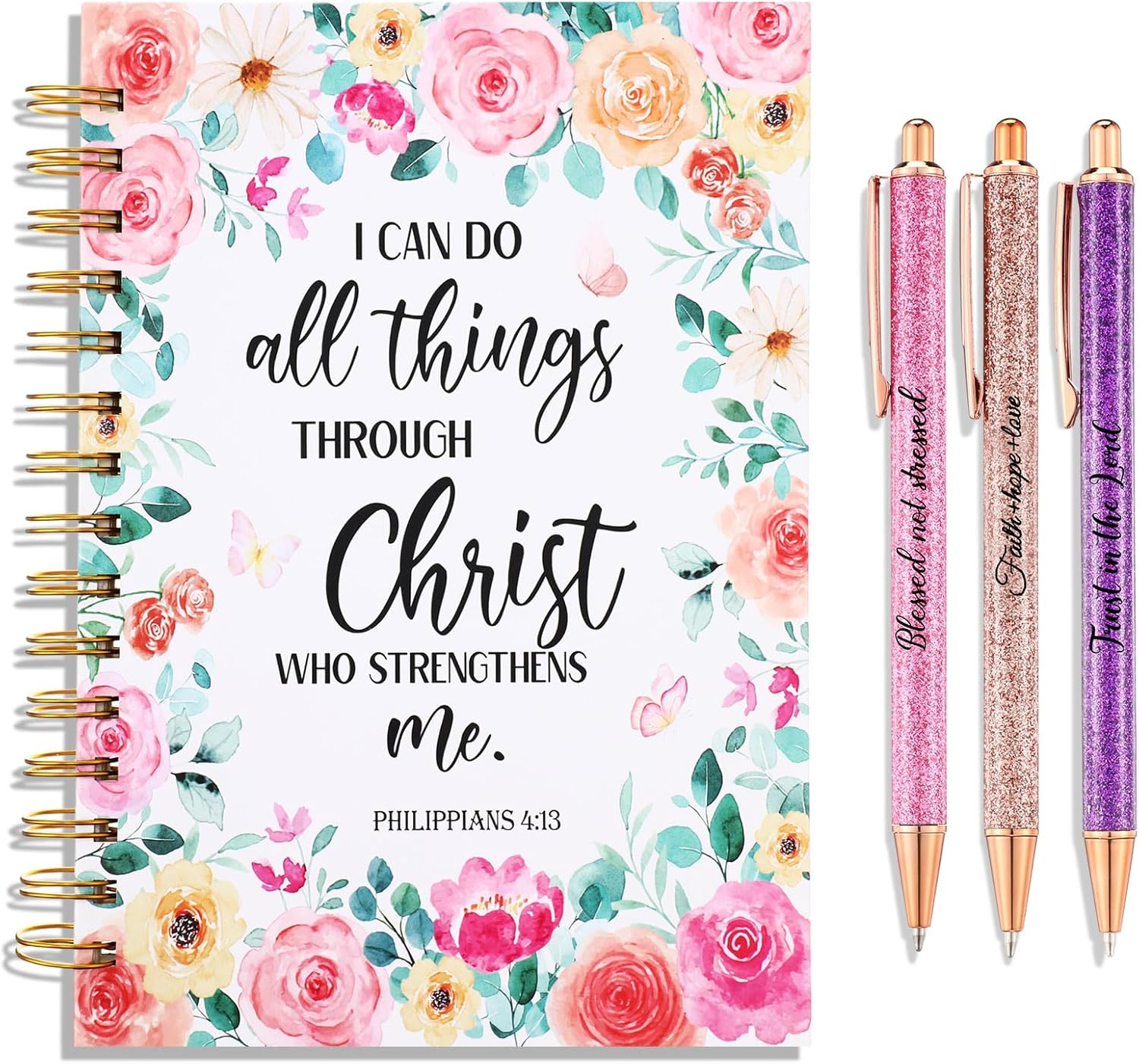 Christian Gift Set: Quotes Notebook + Pens, Pink Floral
