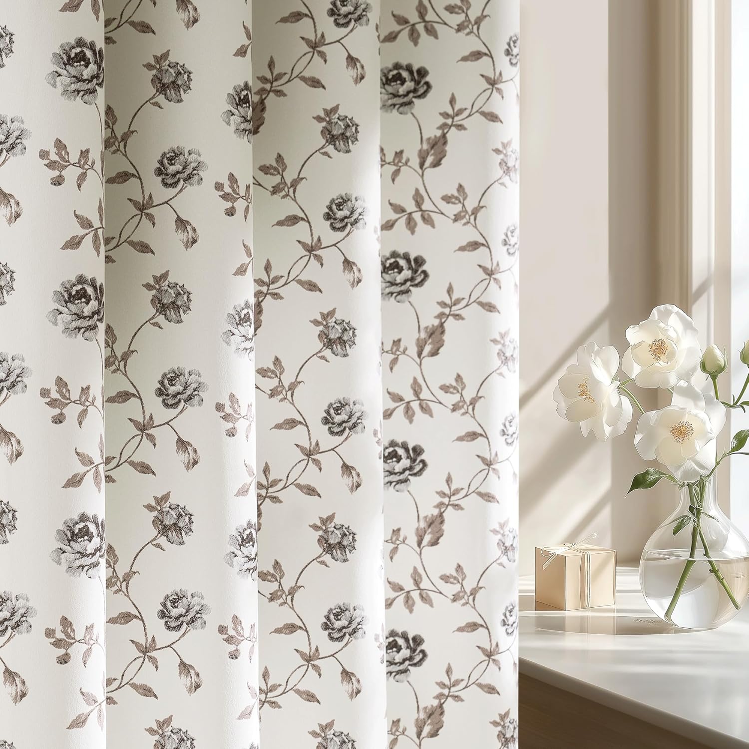 Beauoop Grey Floral 100% Blackout Curtains for Bedroom Living Room