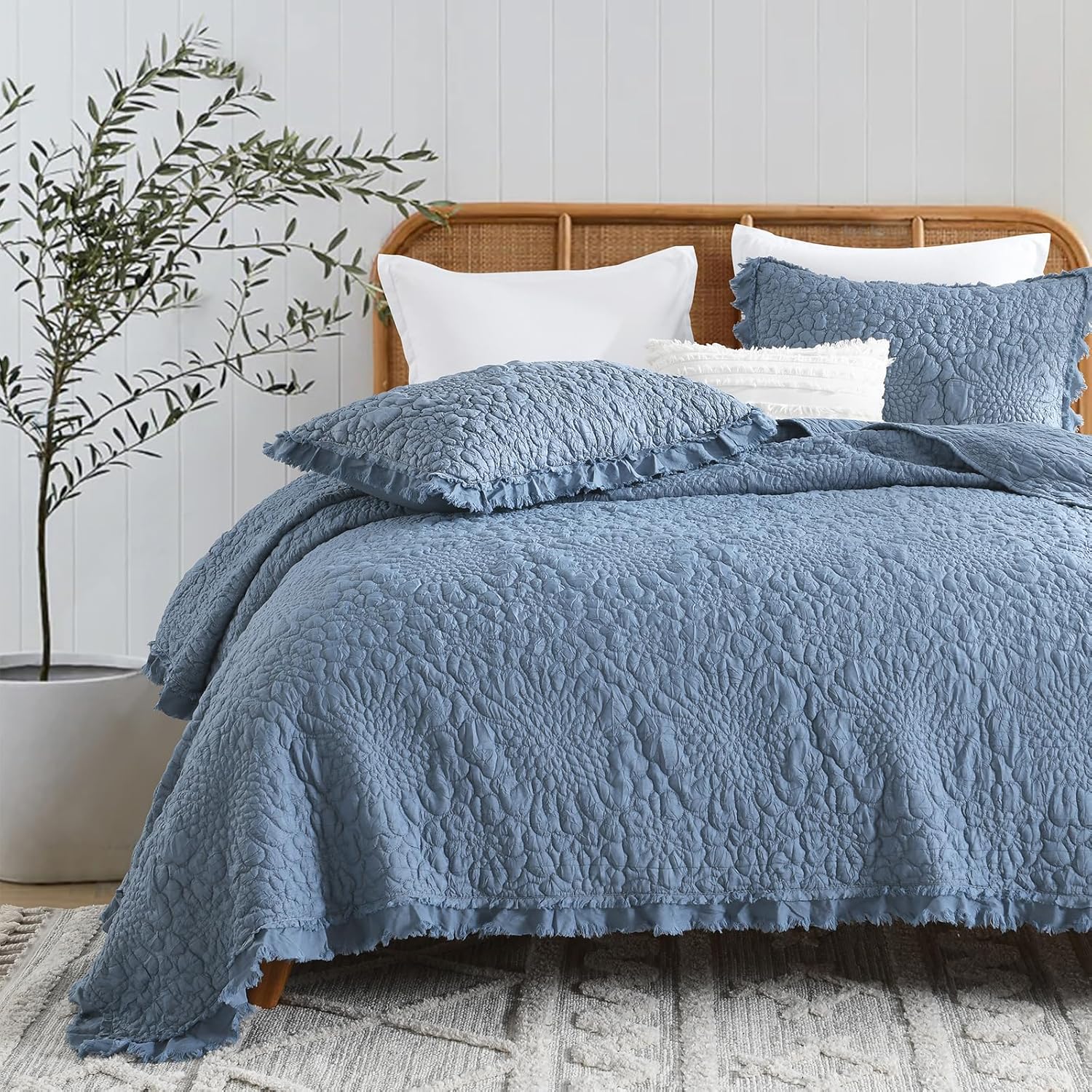 Blue Ruffled Quilt Queen Size for Chic Farmhouse Bedding